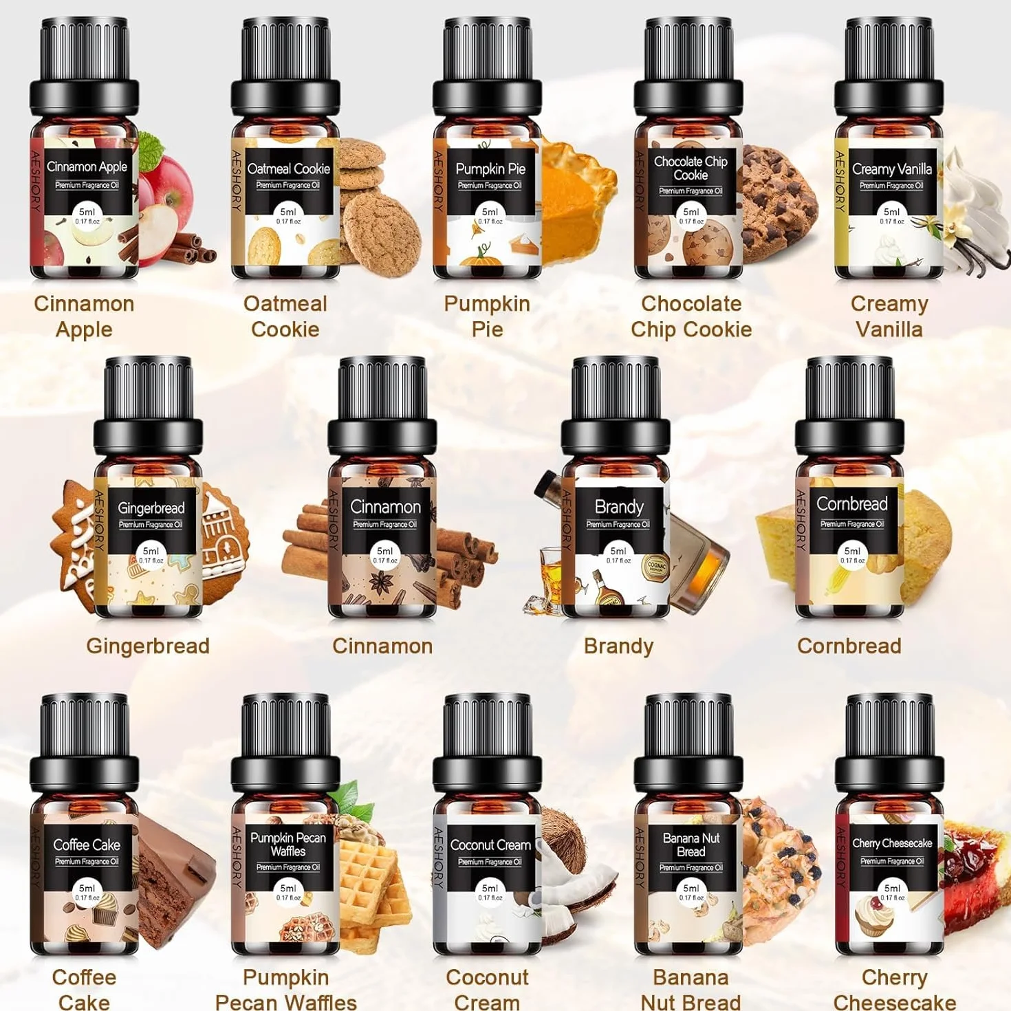 Aeshory 14 x 5 ml Zestaw Olejków Eterycznych Do Piekarni – Olejki Zapachowe Do Dyfuzorów – Ciasto Dyniowe, Ciasto Kawowe, Ciasteczka Owsiane, Pierniki, Jabłko Z Cynamonem