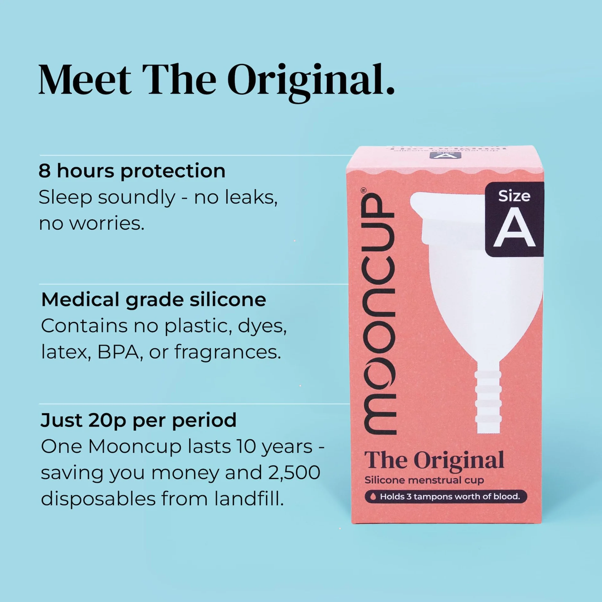 Mooncup Oryginalny silikonowy kubeczek menstruacyjny, wielokrotnego użytku, ultramiękki i łatwy w użyciu, idealny na obfite krwawienia, rozmiar A, wiek 30+ lub porodzie naturalnym (opakowanie 1 szt.)