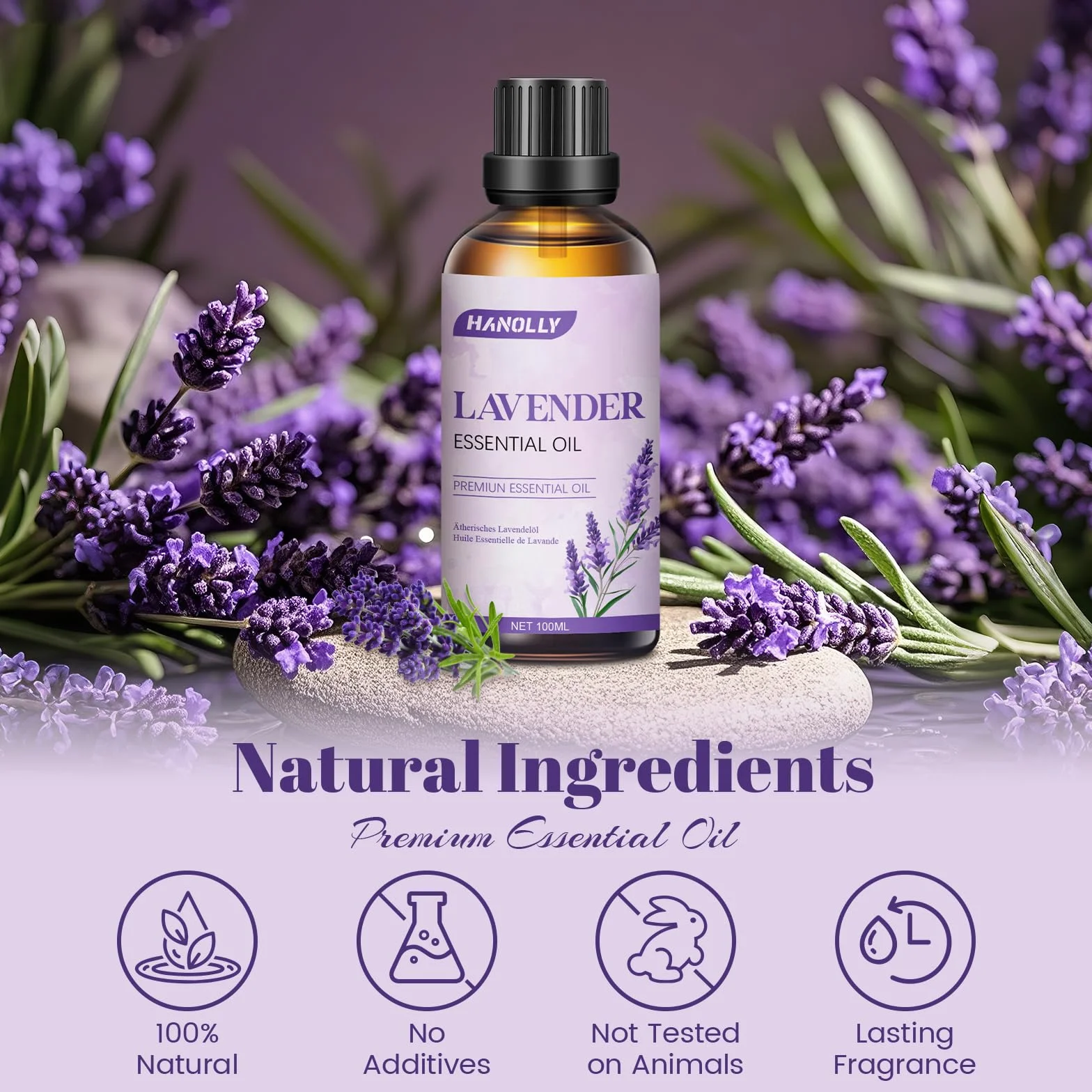 Hanolly Olejek Eteryczny Lawendowy 100 ml, Czysty, Naturalny Olejek Zapachowy Lawendowy Do Dyfuzorów, Aromaterapii, Pielęgnacji Skóry, Świec Zapachowych, Mydła Diy