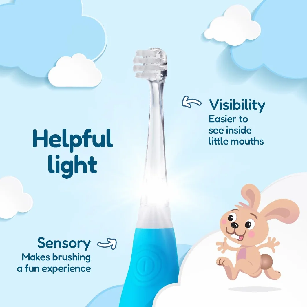 Brush-baby BabySonic elektryczna szczoteczka do zębów dla małych dzieci, bardzo miękkie włosie, timer 2-minutowy i podświetlana głowica szczoteczki do zębów dla dzieci w wieku 0-3 lat, niebieska