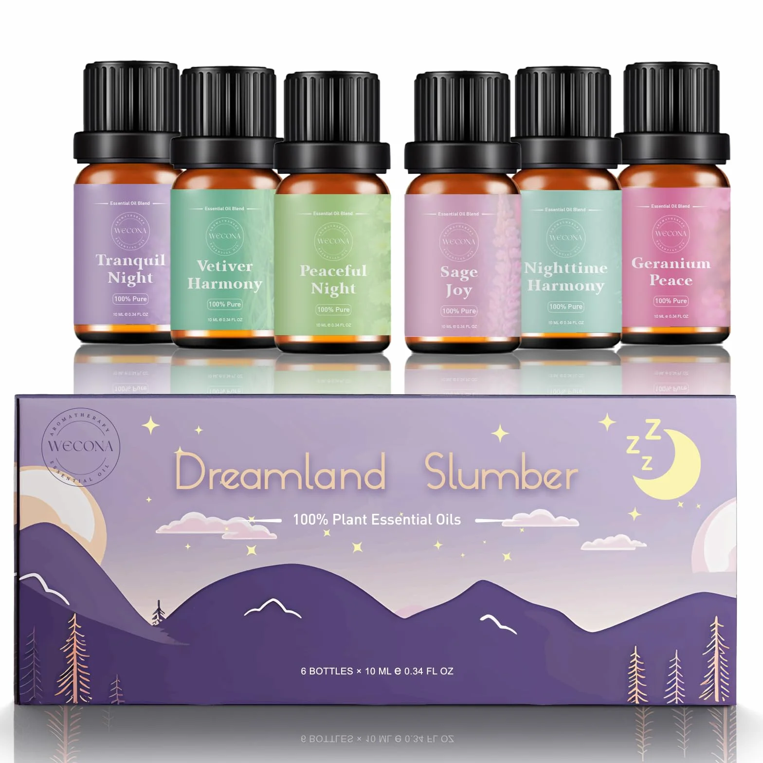 Zestaw olejków eterycznych do spania - Sage Joy, Nighttime Harmony, Vetiver Harmony, Peaceful Night, Geranium Peace, Tranquil Night - Aromaterapia i dyfuzor