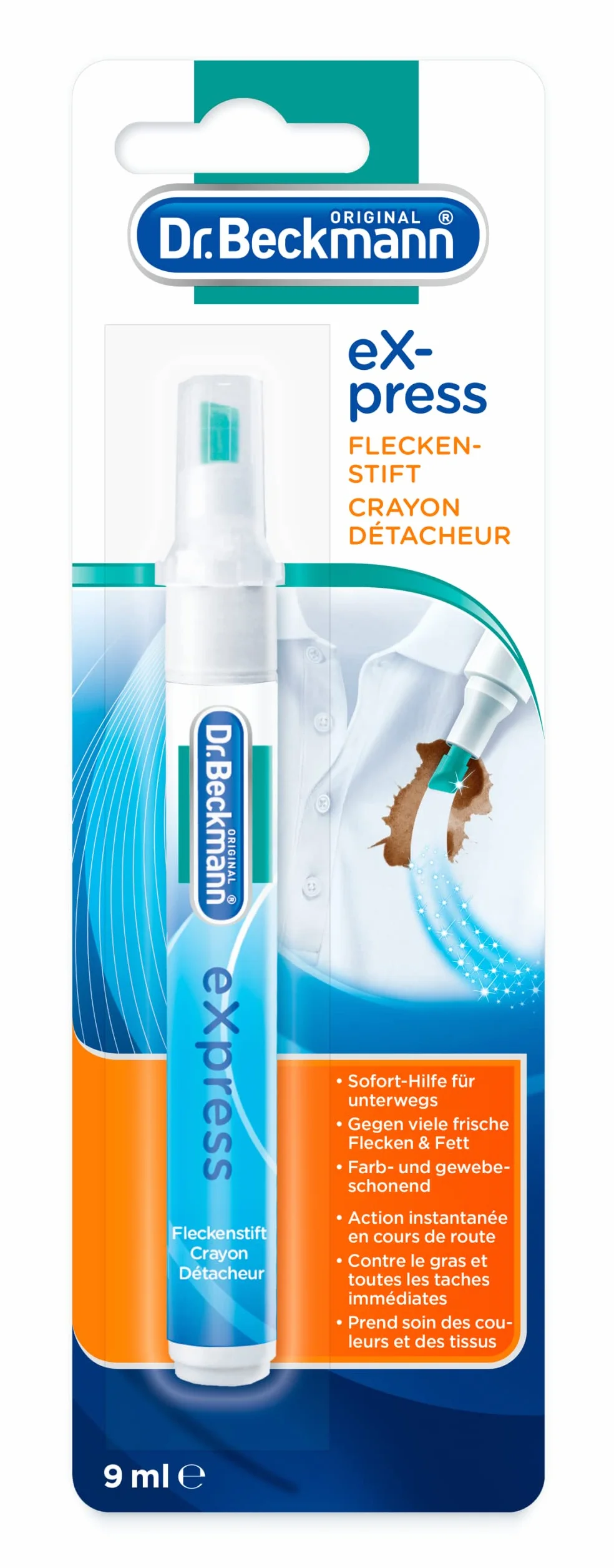 Dr. Beckmann eXpress środek do usuwania plam | skuteczny środek do usuwania plam w podróży | szybkie i łatwe rozwiązanie | 6 x 9 ml