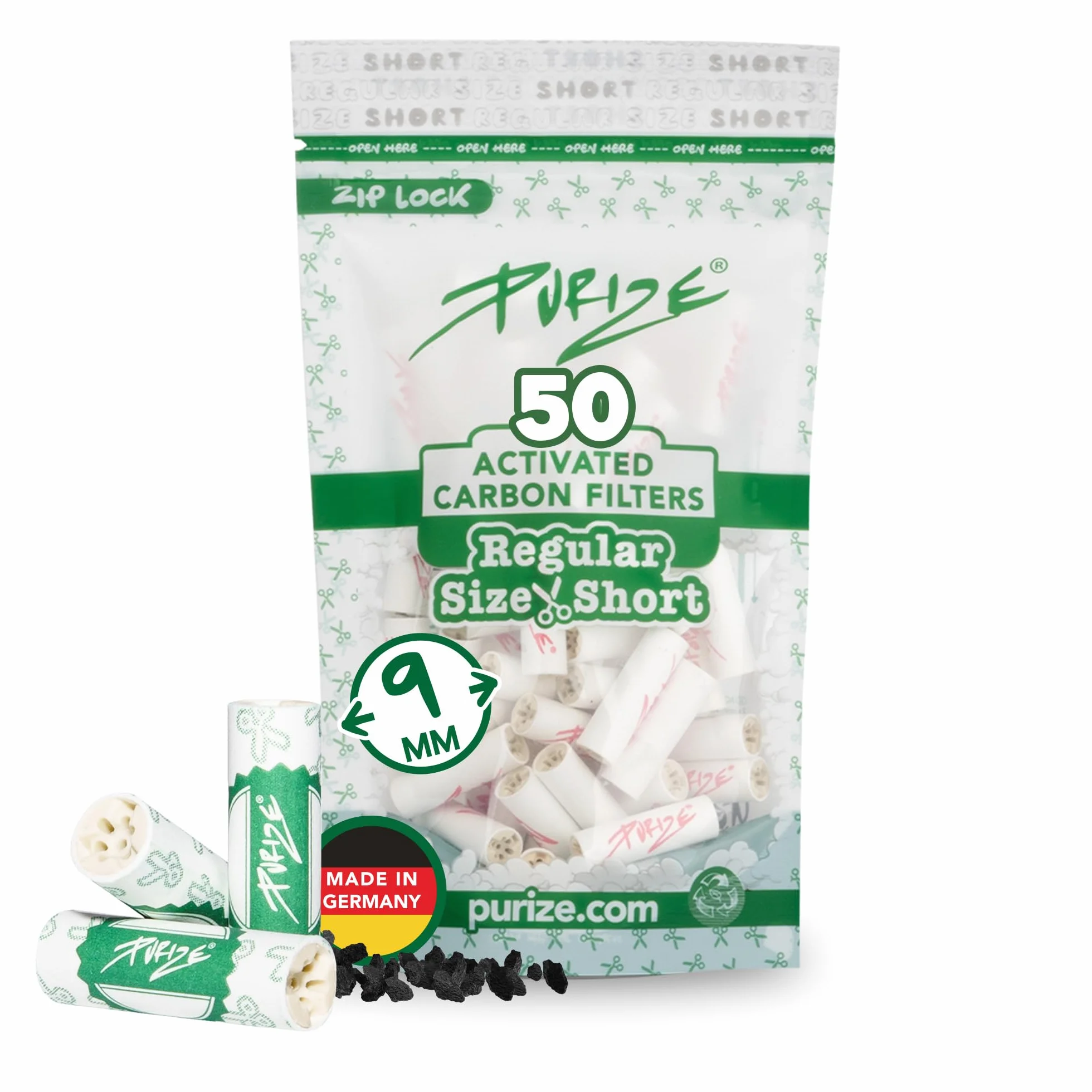 Purize 50 filtrów z węglem aktywnym, regularny rozmiar, krótki 9 mm, w worku do przechowywania – filtr z węglem aktywnym premium z ceramicznymi nakładkami dla lepszego przepływu powietrza