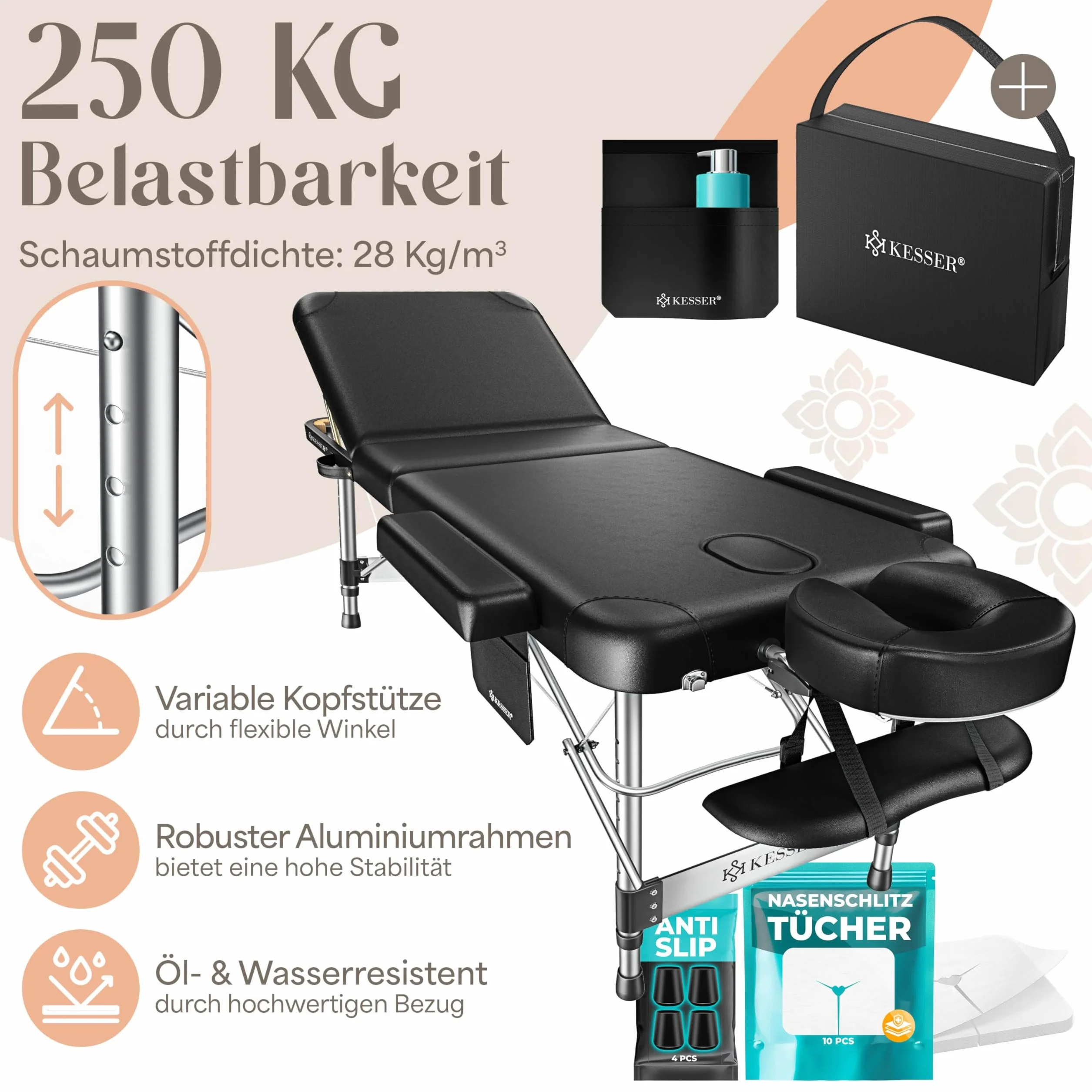 KESSER Składany mobilny stół do masażu z 3 strefami z regulacją wysokości łóżeczko do masażu Leżak kosmetyczny szeroki aluminiowy leżak terapeutyczny + 10 podnóżków