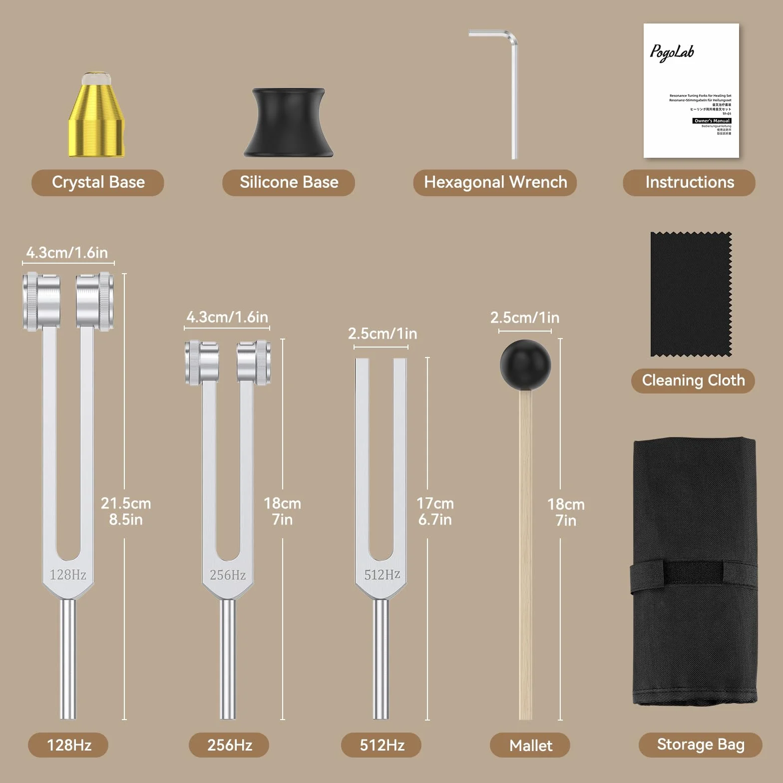 Uzdrawiający diapason (128 Hz, 256 Hz, 512 Hz) z kryształową podstawą do czakr, terapii dźwiękowej, medytacji i jogi