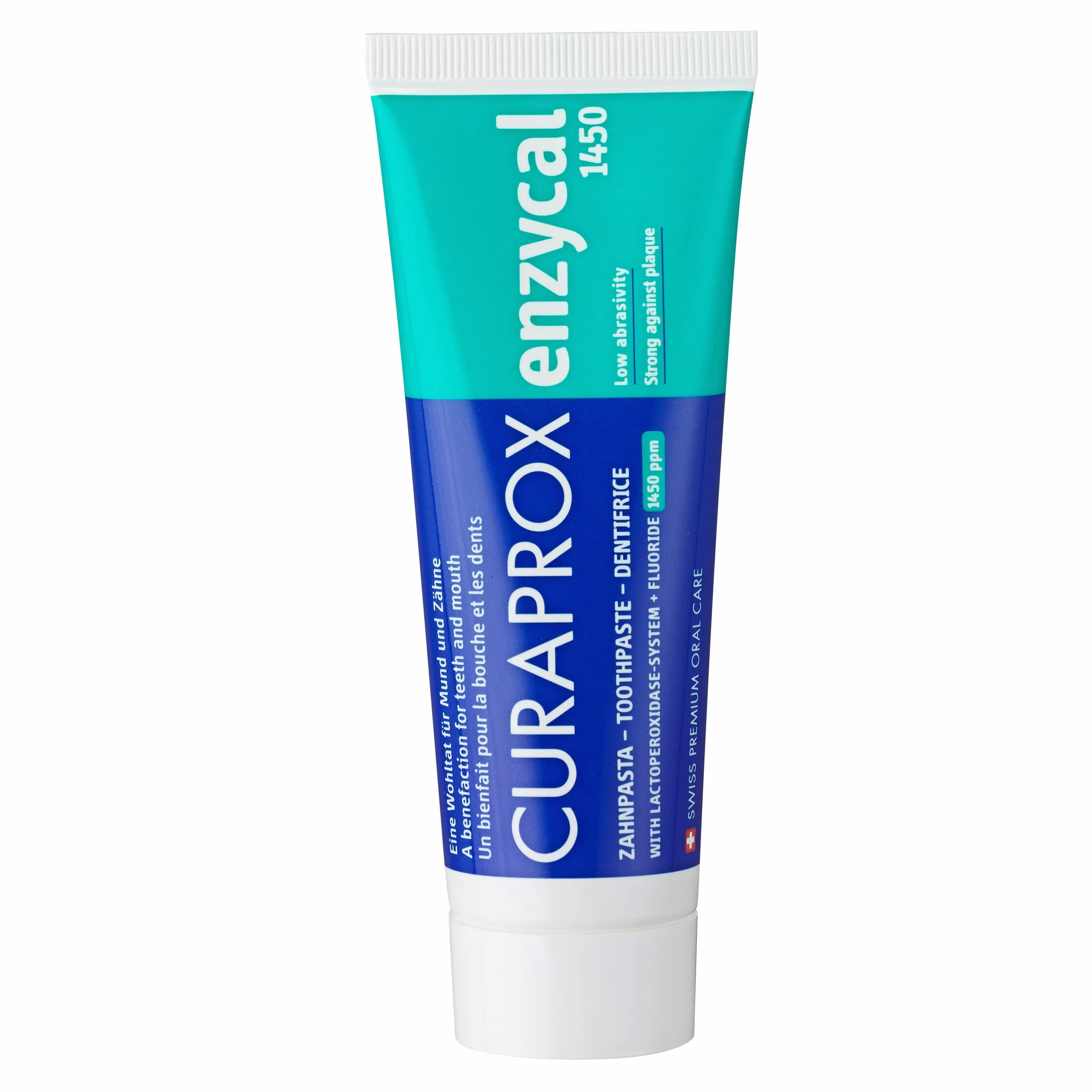 Curaprox Pasta do zębów Enzycal 1450 – Pasta do zębów z fluorem i enzymami do codziennej pielęgnacji jamy ustnej | Wspiera ochronę przed próchnicą | Bez SLS, 75 ml | Wyprodukowano w Szwajcarii