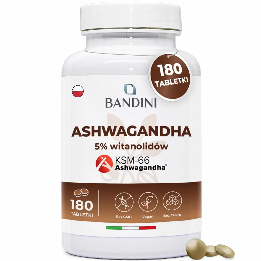 Bandini® Ashwagandha KSM-66® - 180 tabletek, 6 miesięcy - Withania Somnifera (indyjski żeń-szeń) - 5% witanolidów - Wegański ekstrakt z korzenia - Suplement o wysokiej mocy - Alternatywa dla kapsułek