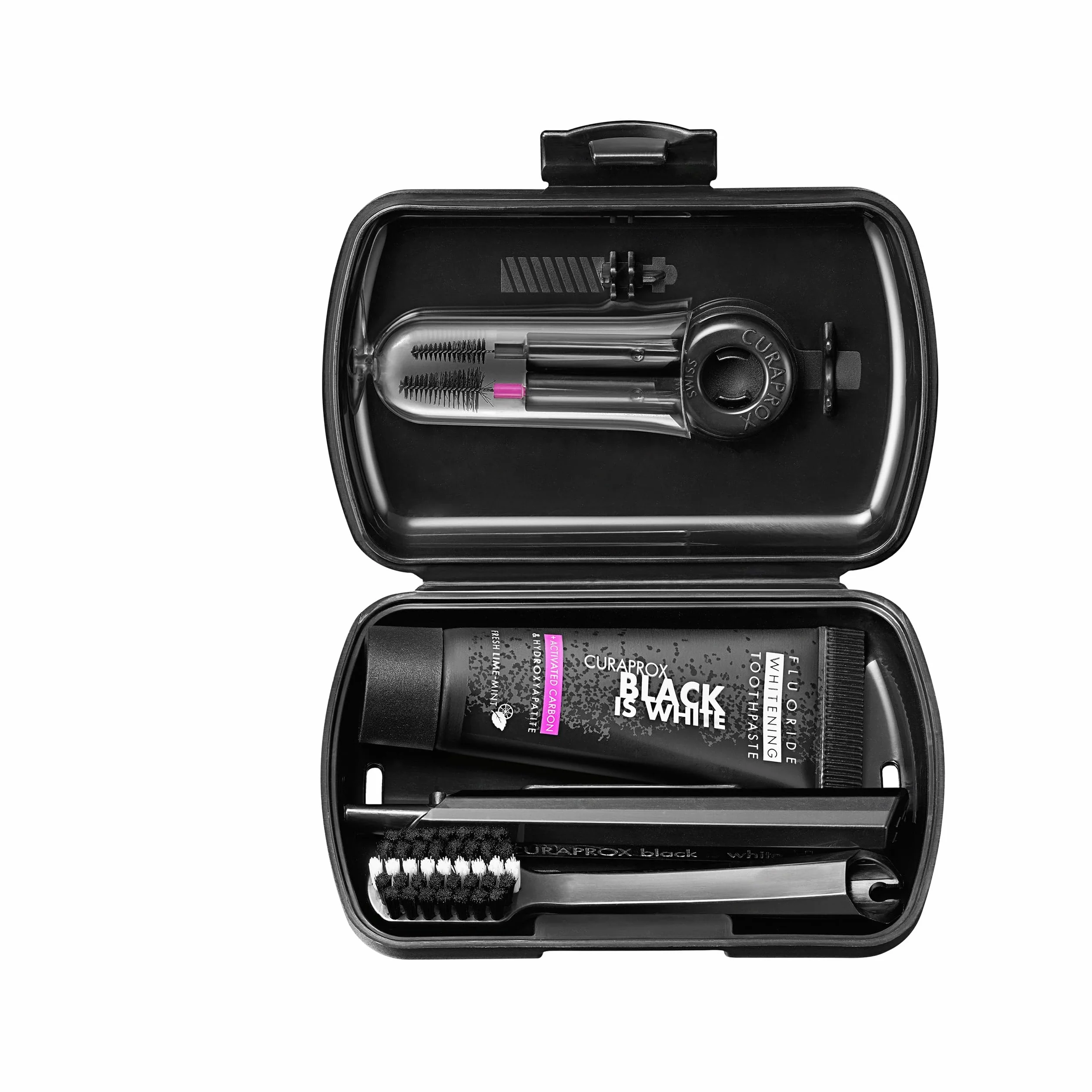 Curaprox travel toothbrush set – do wybielania zębów w podróży/Black is white edition/zawiera pastę do zębów, szczoteczkę do zębów i szczoteczki międzyzębowe/Made in Switzerland