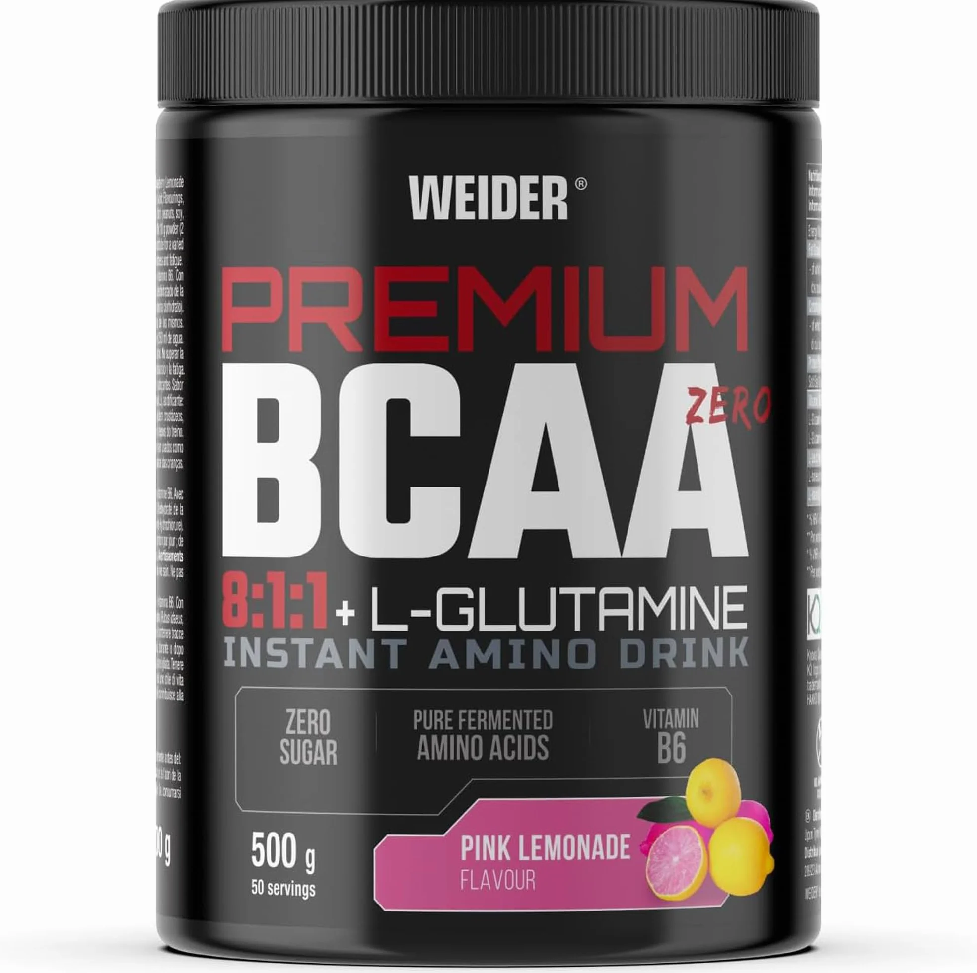 Weider Premium BCAA 8:1:1 500 g - Idealne przed i po treningu, Z L-Glutaminą Kyowa® i Witaminą B6, Bez Cukru, Wegańskie, Smak Różowej Lemonady