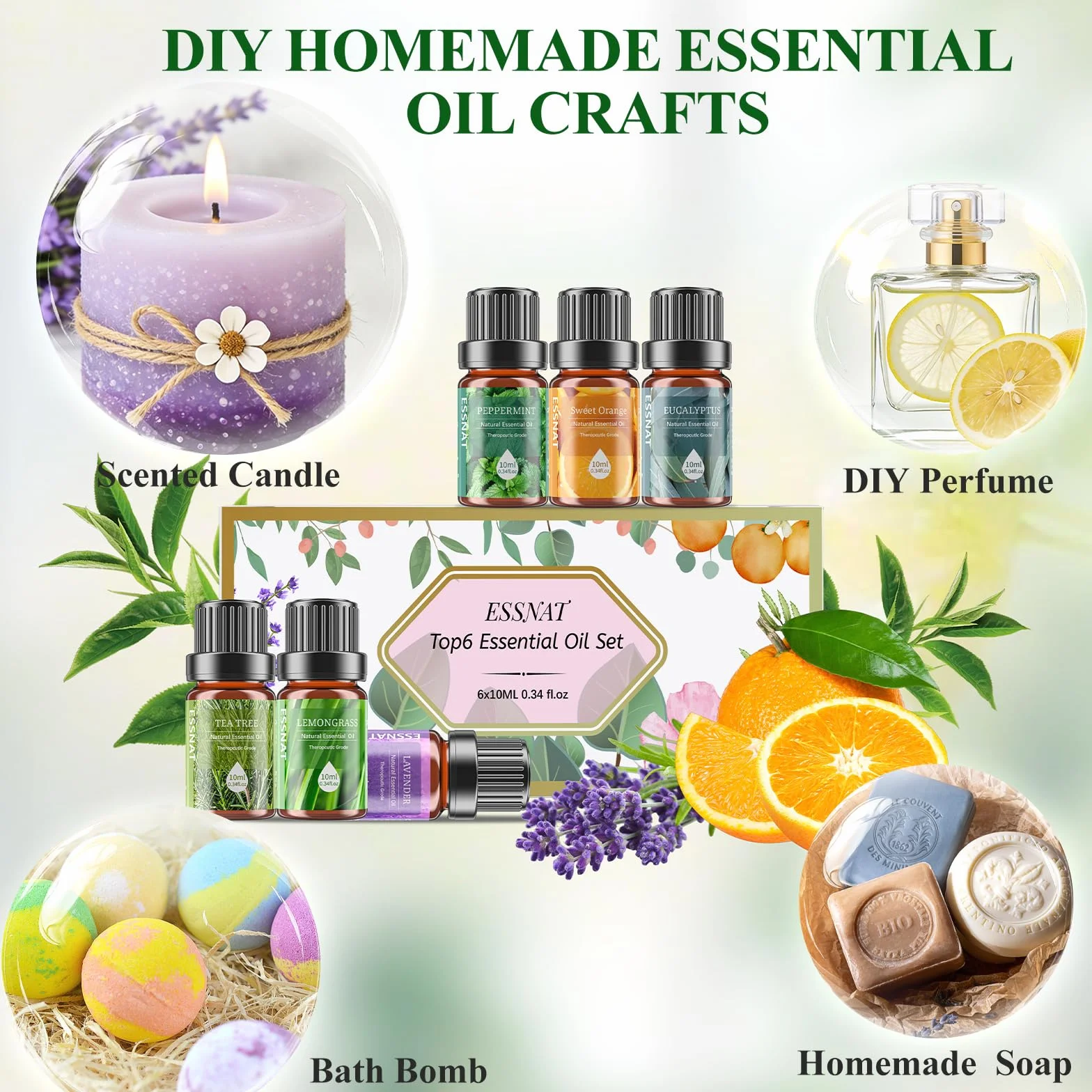 Olejki Eteryczne 6x10ml Zestaw do Dyfuzora, Naturalne Aromaterapia, Lawenda Eukaliptus Drzewo Herbaciane Mięta Pomarańcza Trawa Cytrynowa, Relaks Spa Dom Prezent