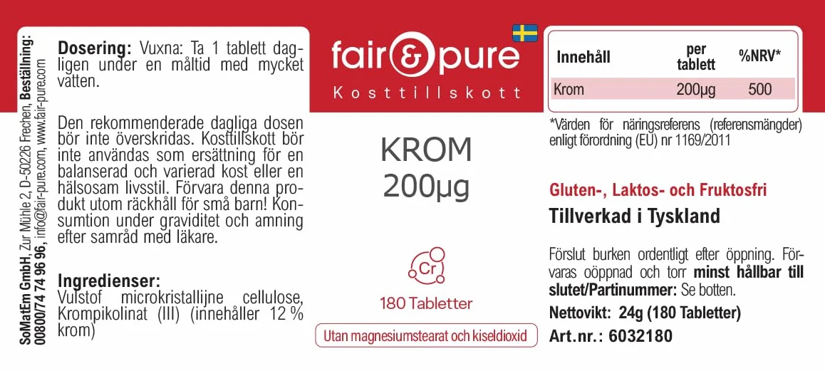 Tabletki chromu Fair & Pure 200 μg, 180 tabletek, wegański suplement diety bez dodatków, wyprodukowano w Niemczech