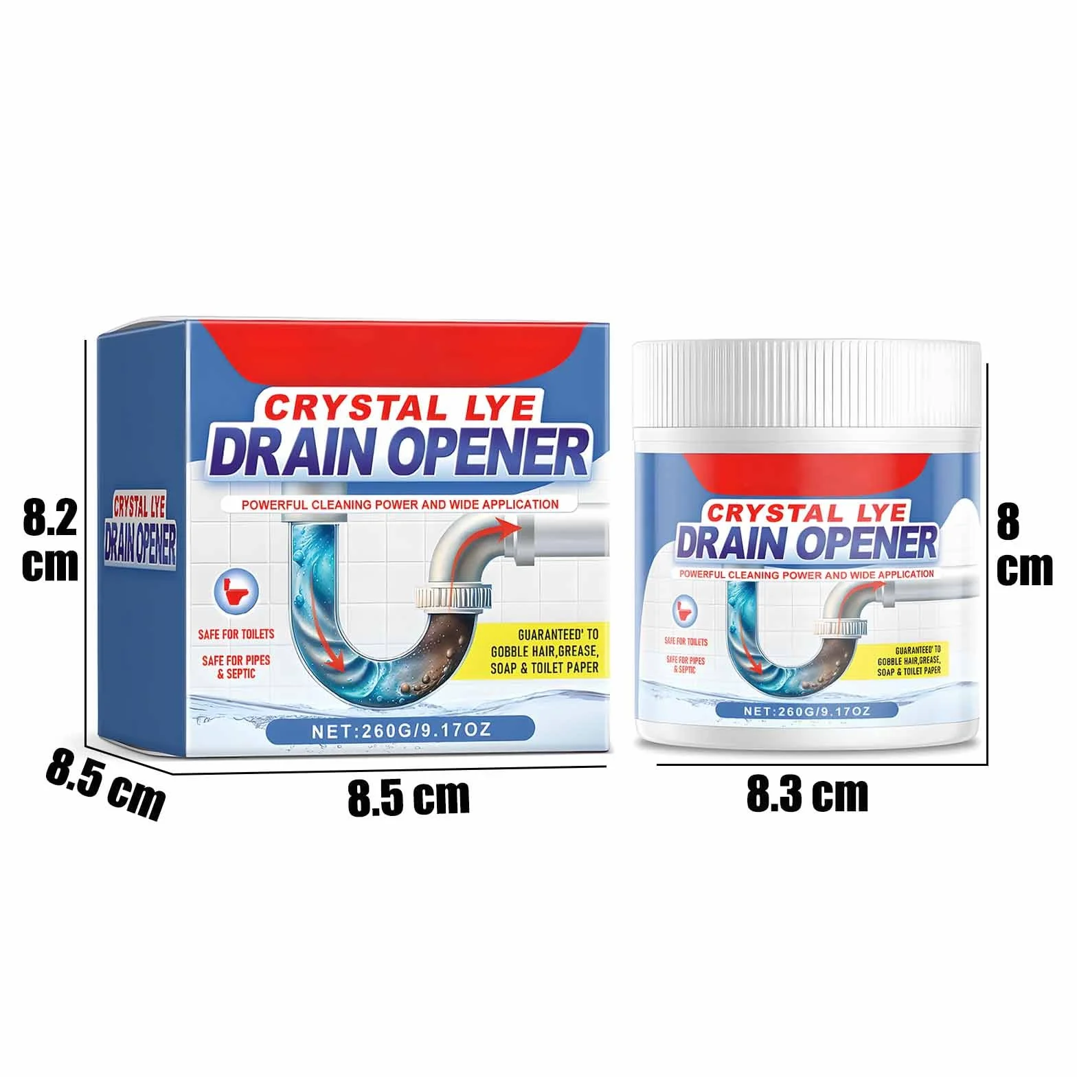 Crystal Lye Drain Opener,Multifunction Powerful Pipe Dredging Agent,260g Crystal Lye Drain Opener Powder,for Unclog Drains,Bathroom Sinks, Kitchen Sinks,Shower Pipes (1)