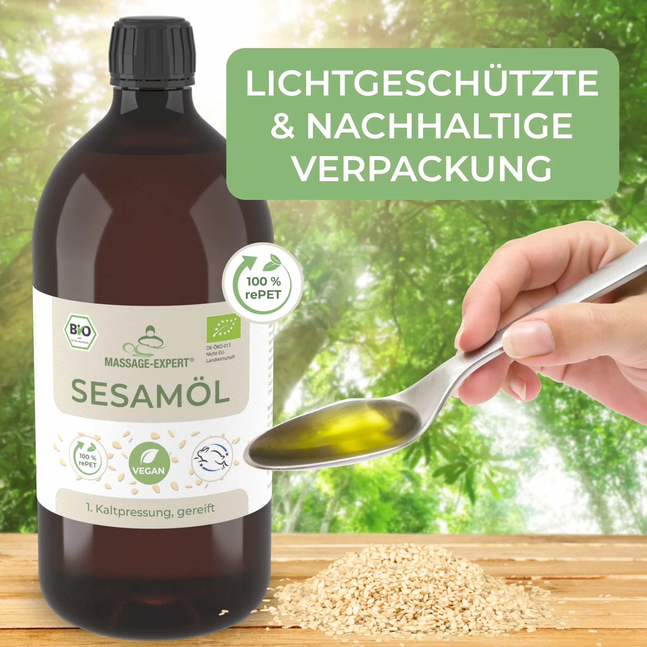 MASSAGE-EXPERT Ekologiczny olej sezamowy, tłoczony na zimno – dojrzały olejek bazowy do masażu, Ayurveda, pielęgnacji skóry i pielęgnacji włosów [1 litr z zamknięciem natryskowym]