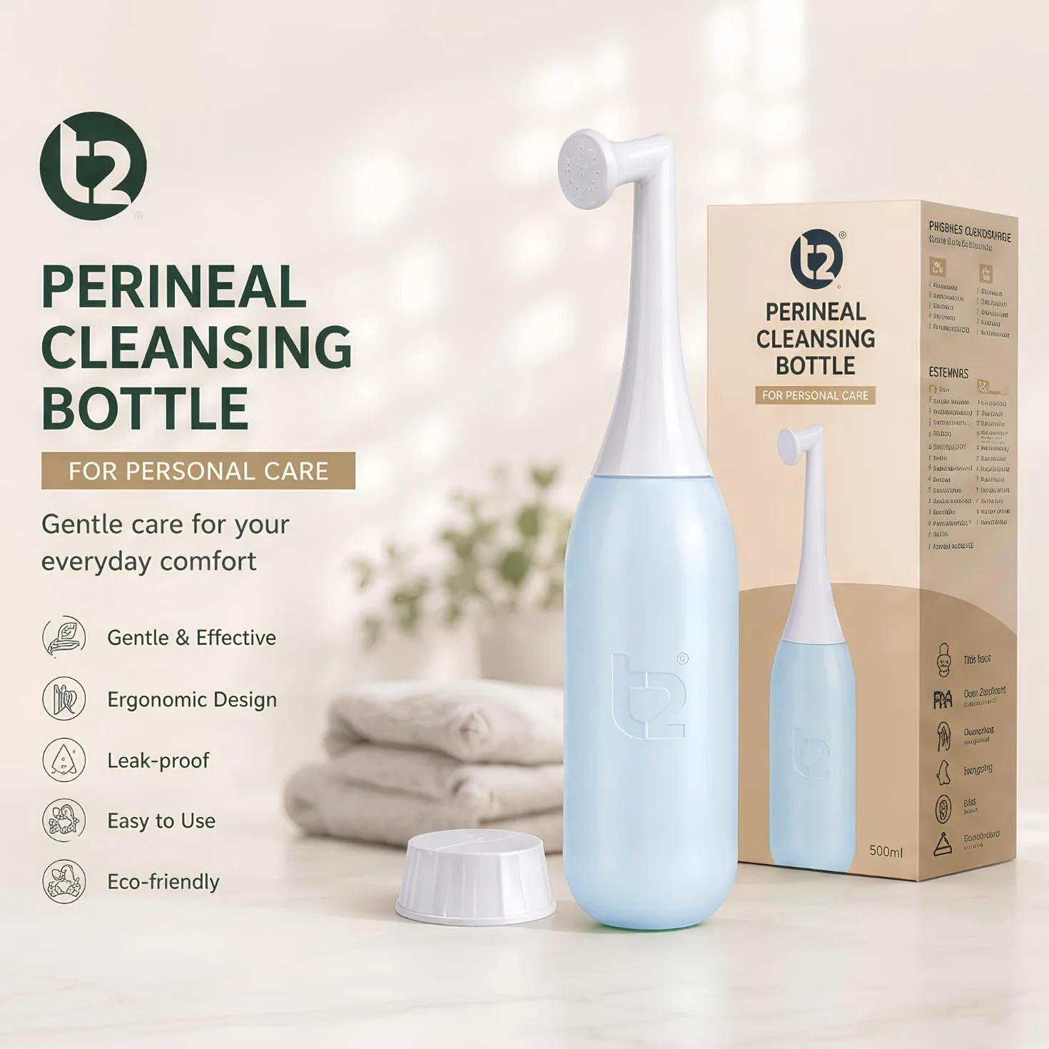 T2 500 ml Butelka Peri, butelka do czyszczenia krocza z nasadką pod kątem, przenośny bidet poporodowy, nakrętka do przenoszenia wody, torba podróżna, niebieski niebiański