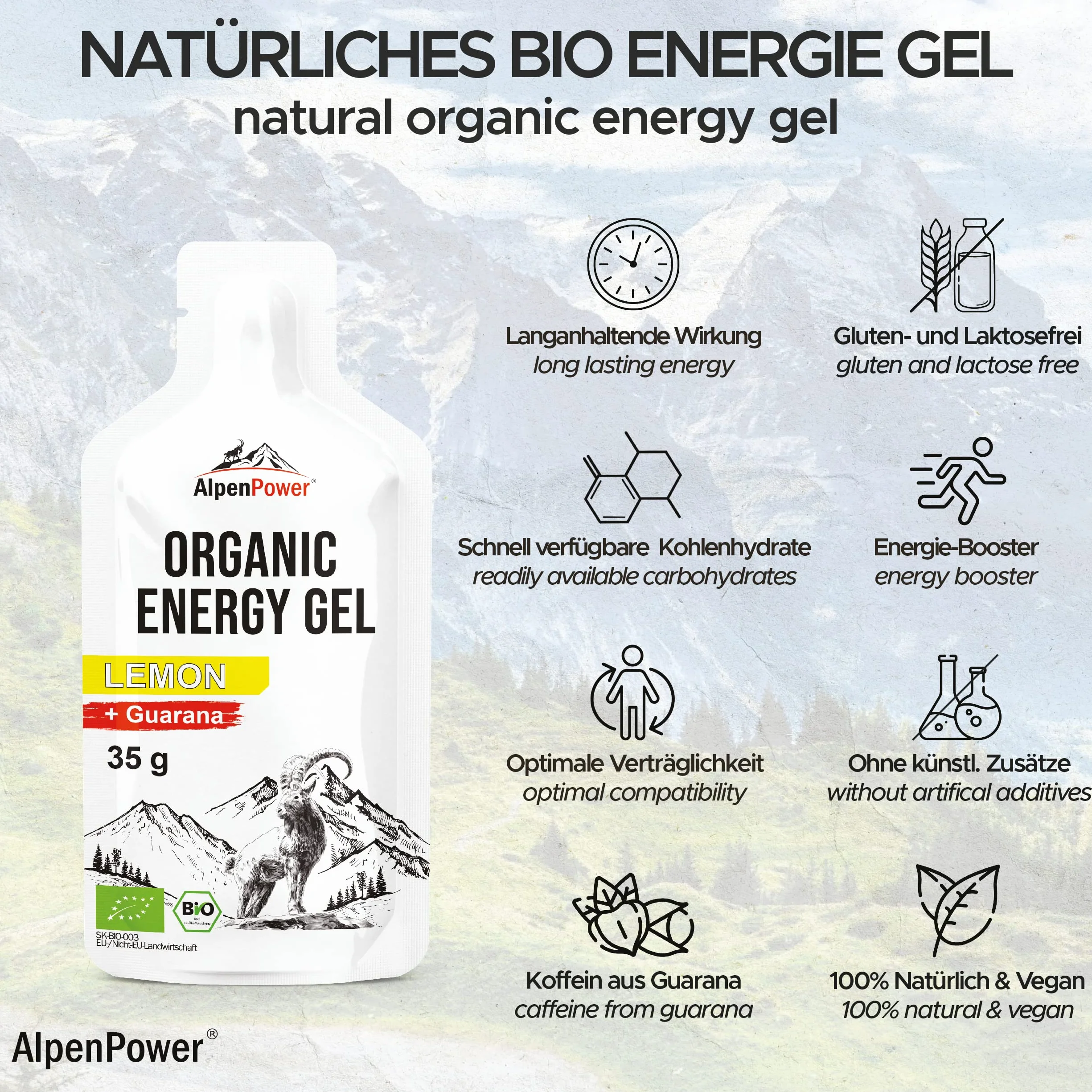 AlpenPower Bio Energy Gel Lemon 12 x 35 g I 100% naturalne składniki, z kofeiną z guarany, szybka i długotrwała energia, bez dodatków, idealny do sportów wytrzymałościowych