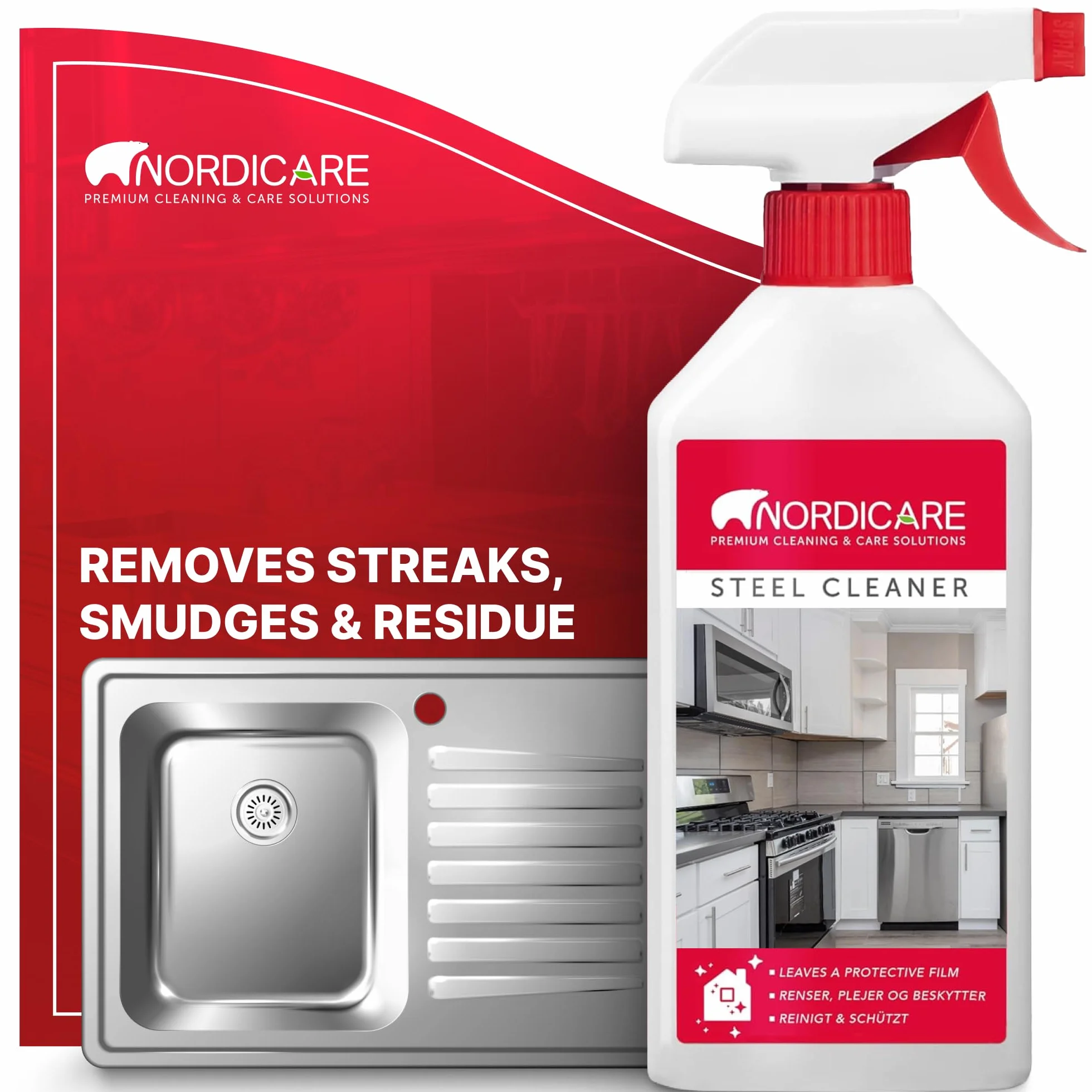 Nordicare środek do czyszczenia stali nierdzewnej [500 ml] Spray do pielęgnacji stali nierdzewnej do skutecznego czyszczenia I Usuwa tłuszcz i zanieczyszczenia