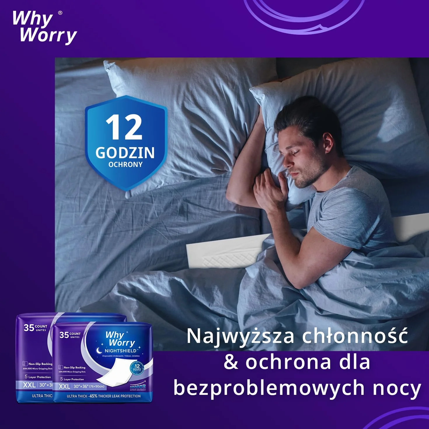 WhyWorry NightShield Podkładki na łóżko dla dorosłych z antypoślizgowym uchwytem, 76 cm x 91 cm, bardzo duże podkładki dla kobiet i mężczyzn, wodoodporne, jednorazowe podkładki, kontrola zapachu