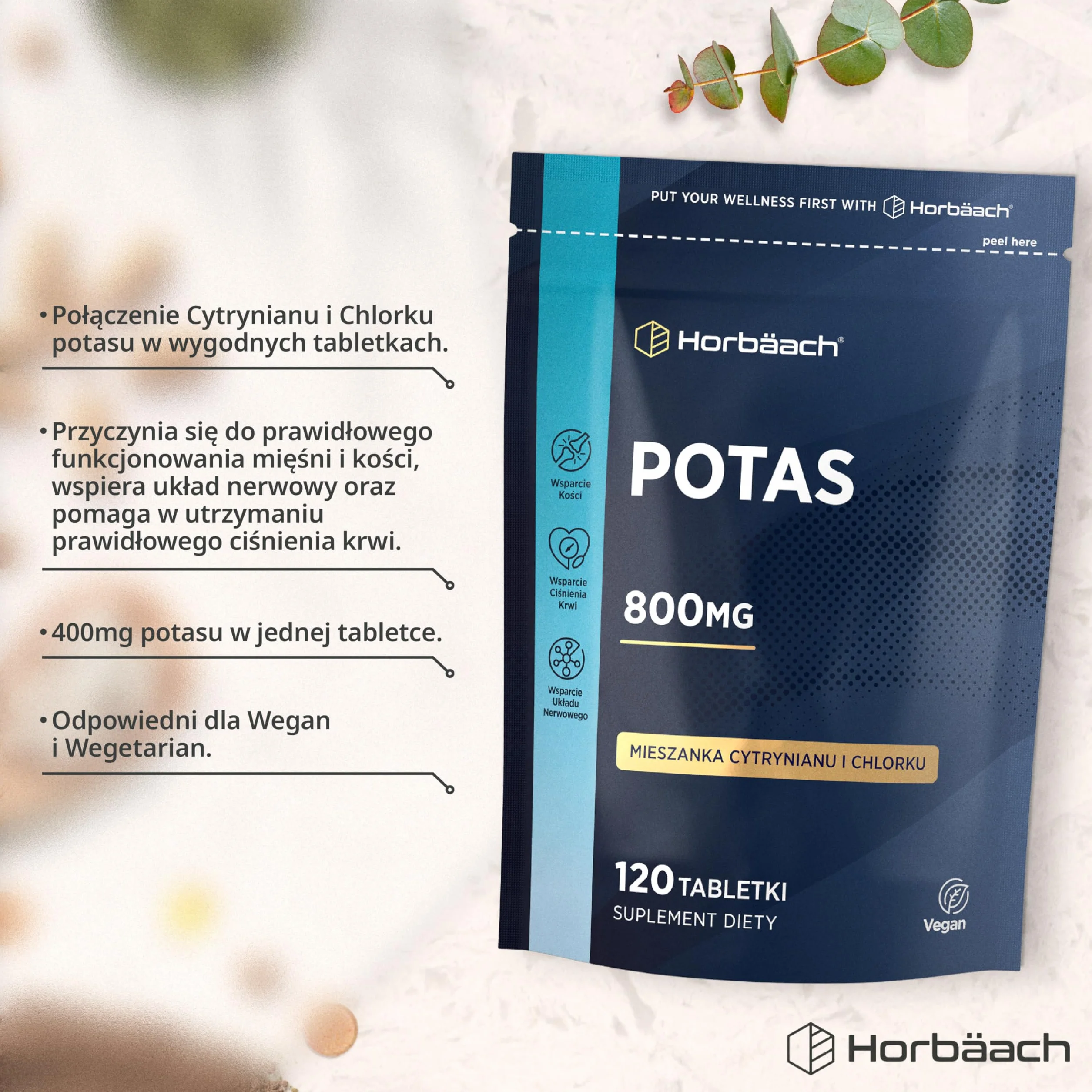 Potas Tabletki 800mg | Wysoka Dawka Cytrynianu Potasu | 120 Tabletek Wegańskich | Do Ciśnienia Krwi, Funkcji Mięśni i Układu Nerwowego | firmy Horbaach