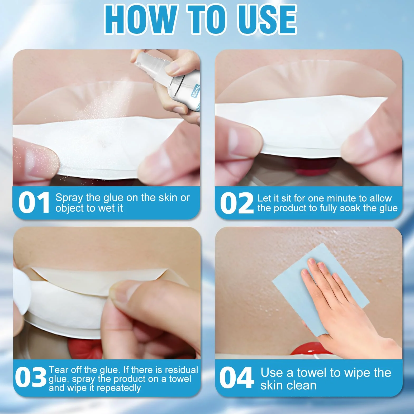 Miioto Środek do usuwania plastrów w sprayu, 60 ml + 12 x 12 cm ręcznik, spray do plastrów, plaster natryskowy, spray do usuwania resztek kleju