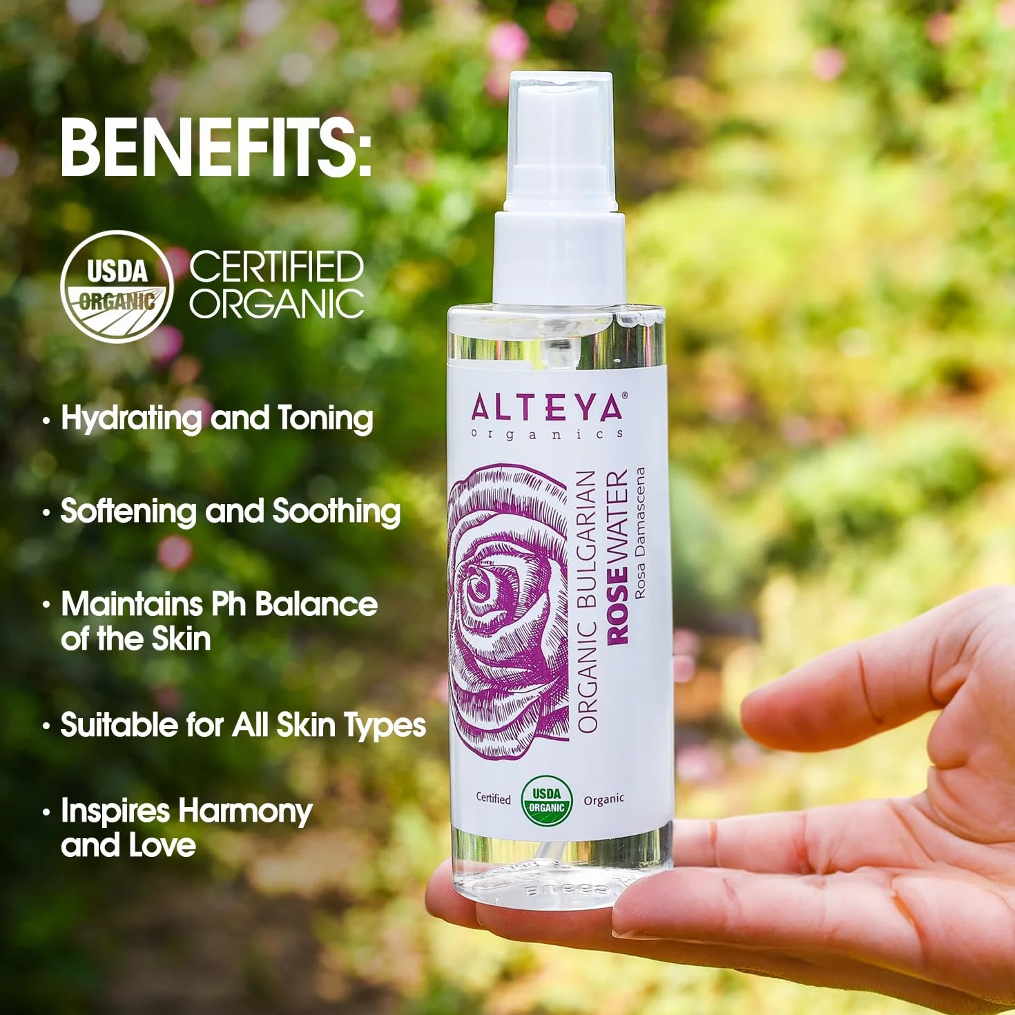 Alteya Bio woda różana w sprayu 100 ml USDA Organic autentyczna naturalna woda kwiatowa z róży damasceńskiej