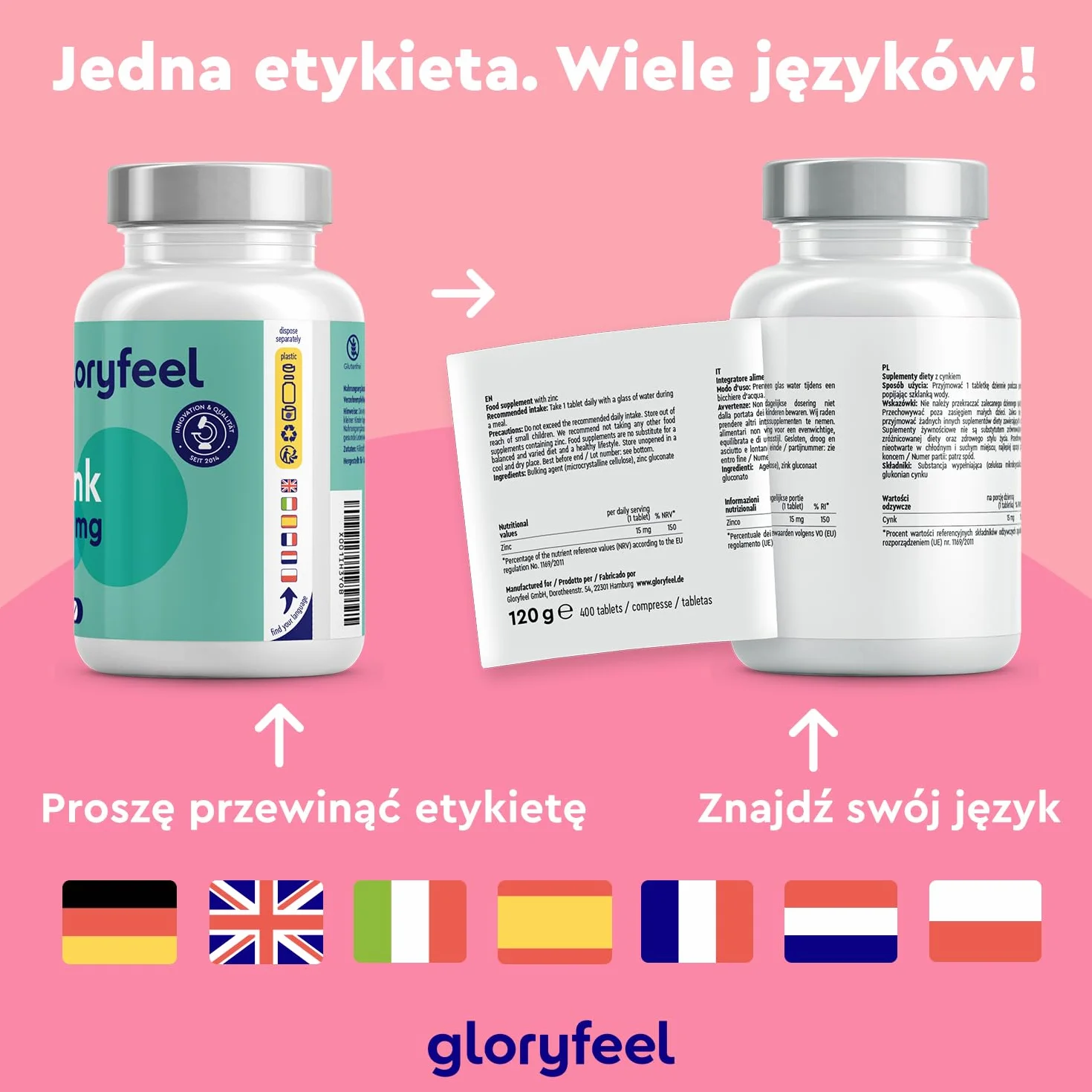 Cynk - 400 tabletek (13 miesięcy) - Optymalne dawkowanie - Wysoko przyswajalny glukonian cynku - Czysty cynk 100% wegański, testowany laboratoryjnie - Wyprodukowany w Niemczech bez dodatków