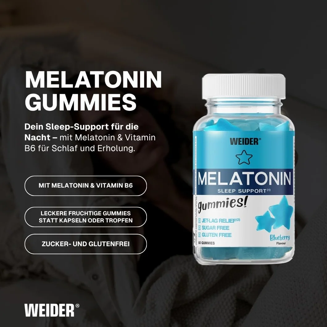 Weider Melatonin Gummies 60 Żelek - Melatonina w Żelkach na Lepszy Sen, z Witaminą B6, bez Glutenu i Cukru, Smak Jagodowy