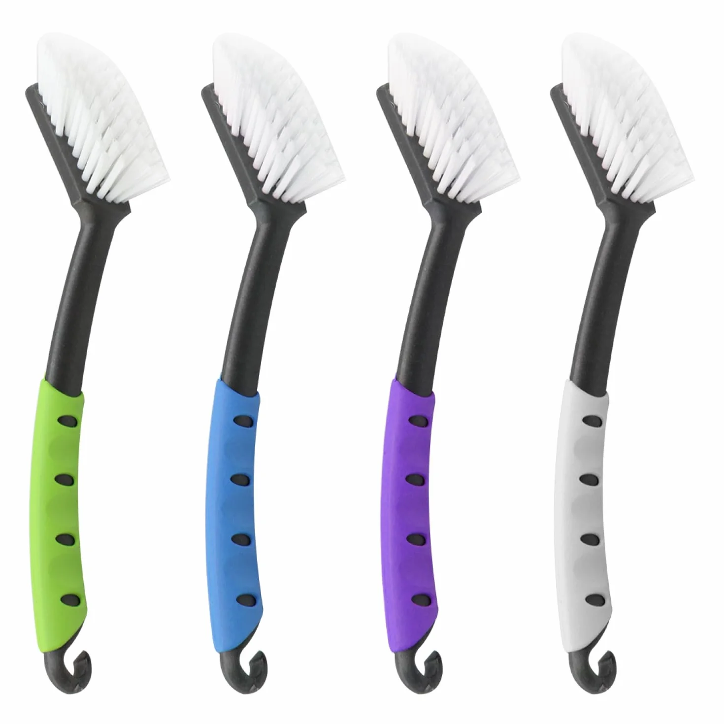 COM-FOUR® 4x Przyrząd do mycia naczyń – kuchenne narzędzie z wytrzymałym włosiem nylonowym – akcesorium do naczyń o długości 29 cm - "MADE IN GERMANY" (4 sztuki - zielony/bialy/blekitny/jagodowy)