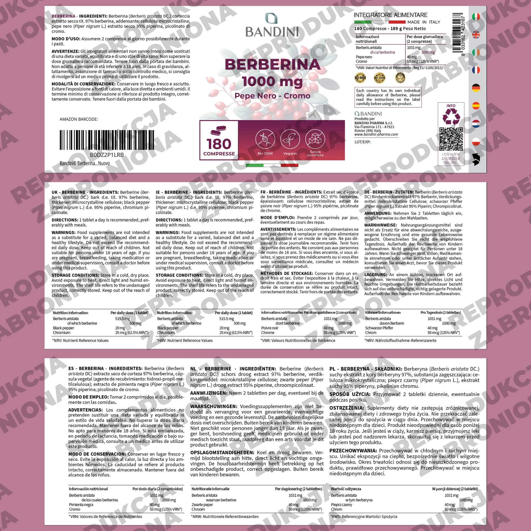 Bandini Berberine 1000mg 180 wegańskich tabletek Berberyna HCl Chrom Czarny Pieprz