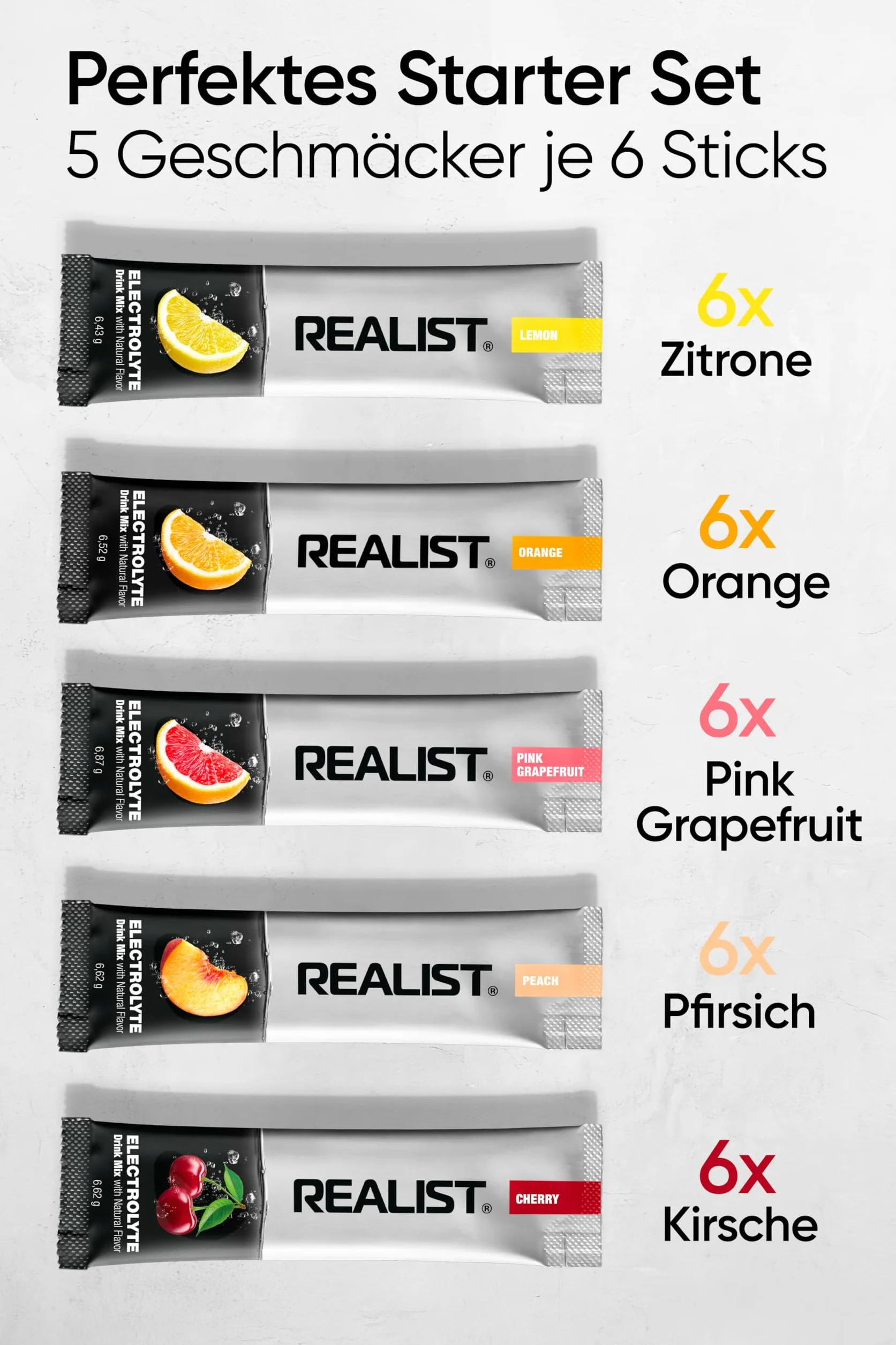 REALIST® Elektrolyty Bez Cukru [PROBNY PAKET] Elektrolity Bez Cukru - Elektrolity w Proszku dla Sportu & KETO z 1000 mg Sodu, 330 mg Potasu & 60 mg Magnezu - Wyprodukowane w Austrii (5 Rodzajów po 6