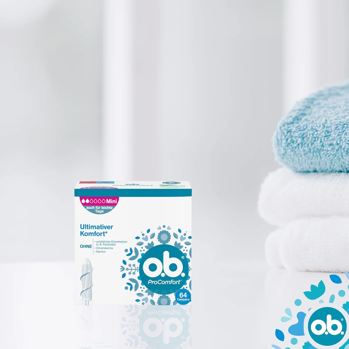 o.b. ProComfort Mini tampony na lekkie i średnie dni z technologią Dynamic Fit i powierzchnią SilkTouch, zapewniają najwyższy komfort* i niezawodną ochronę (1 x 64 sztuki)