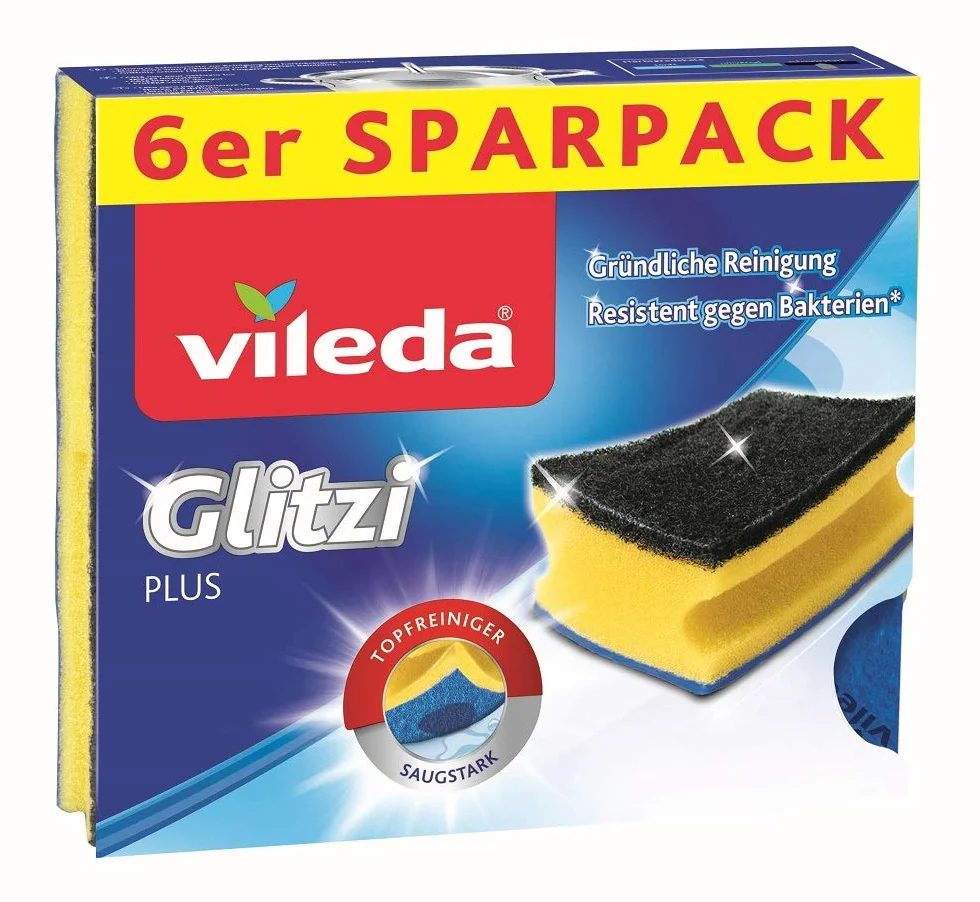 Vileda Glitzi Plus myjka do mycia naczyń, do usuwania uporczywych zabrudzeń, 6 sztuk w opakowaniu (1 x 6 sztuk)