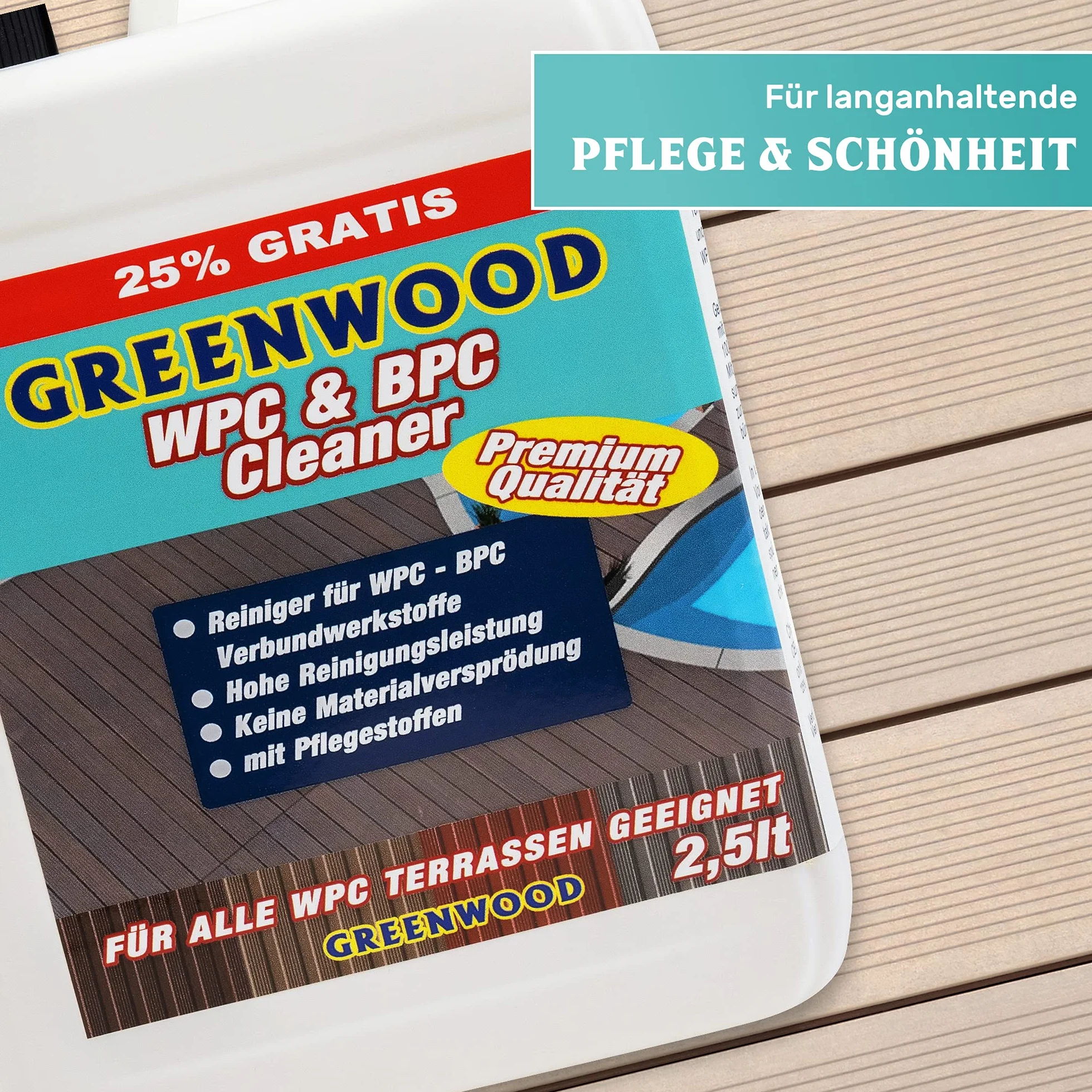 Greenwood WPC & BPC środek czyszczący do czyszczenia desek tarasowych, koncentrat do czyszczenia i pielęgnacji desek tarasowych, neutralne pH, 1 l/2,5 l (2,5 l)