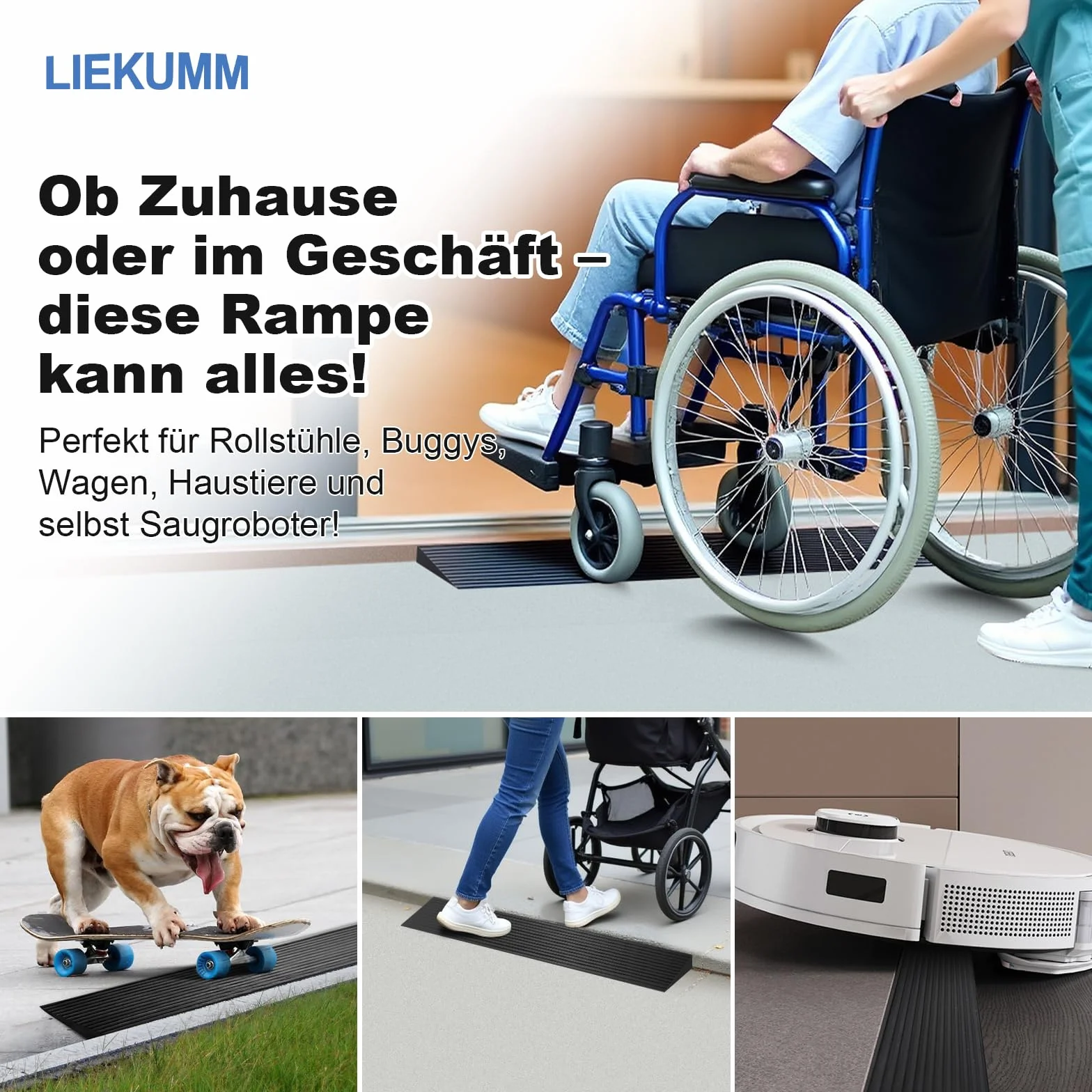 LIEKUMM Gumowa rampa progowa 900 x 15 mm, nośność 650 kg, czarna, nadaje się do drzwi, podjazdów, łazienek, możliwość przycinania