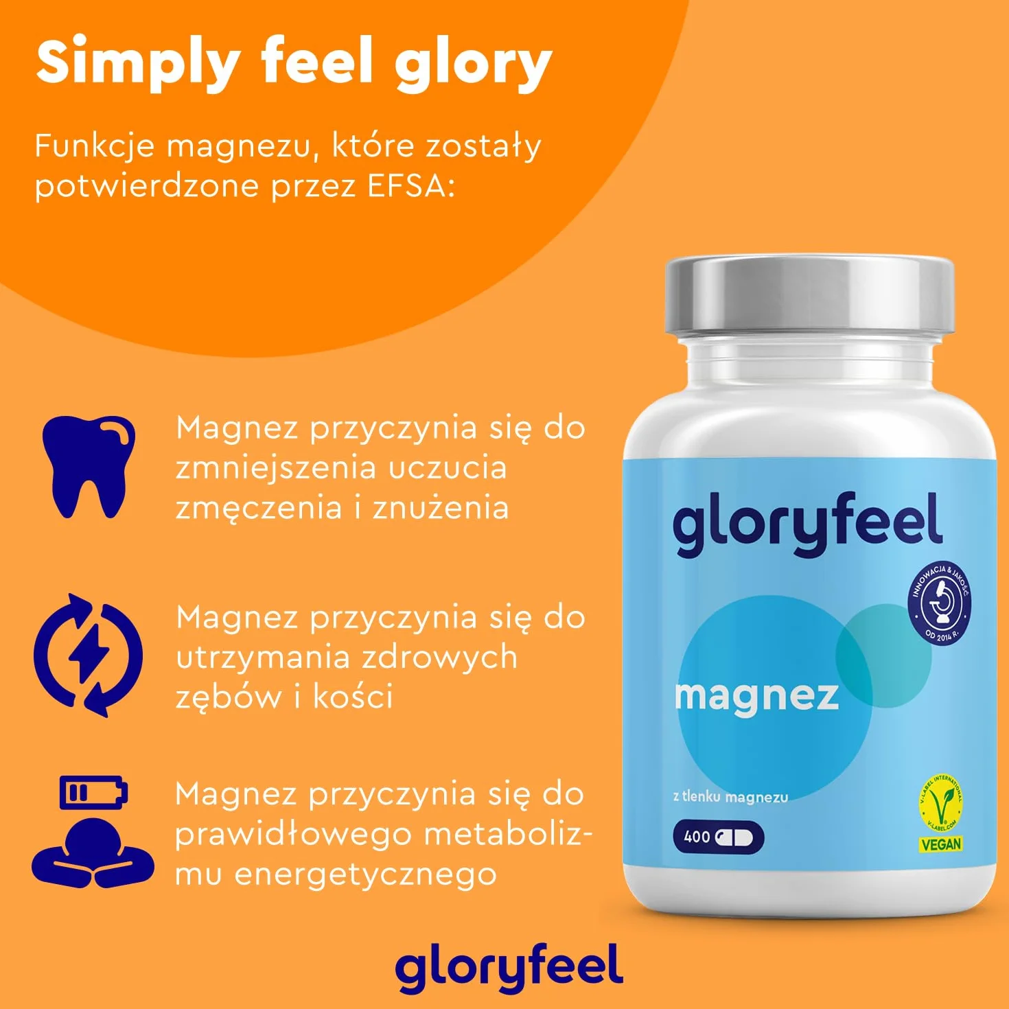 Magnez 400 kapsułek - 760 mg, w tym 400 mg magnezu pierwiastkowego na dzienną dawkę - Wspiera pracę mięśni i metabolizm energetyczny - Testowane laboratoryjnie - Wyprodukowano w DE bez dodatków