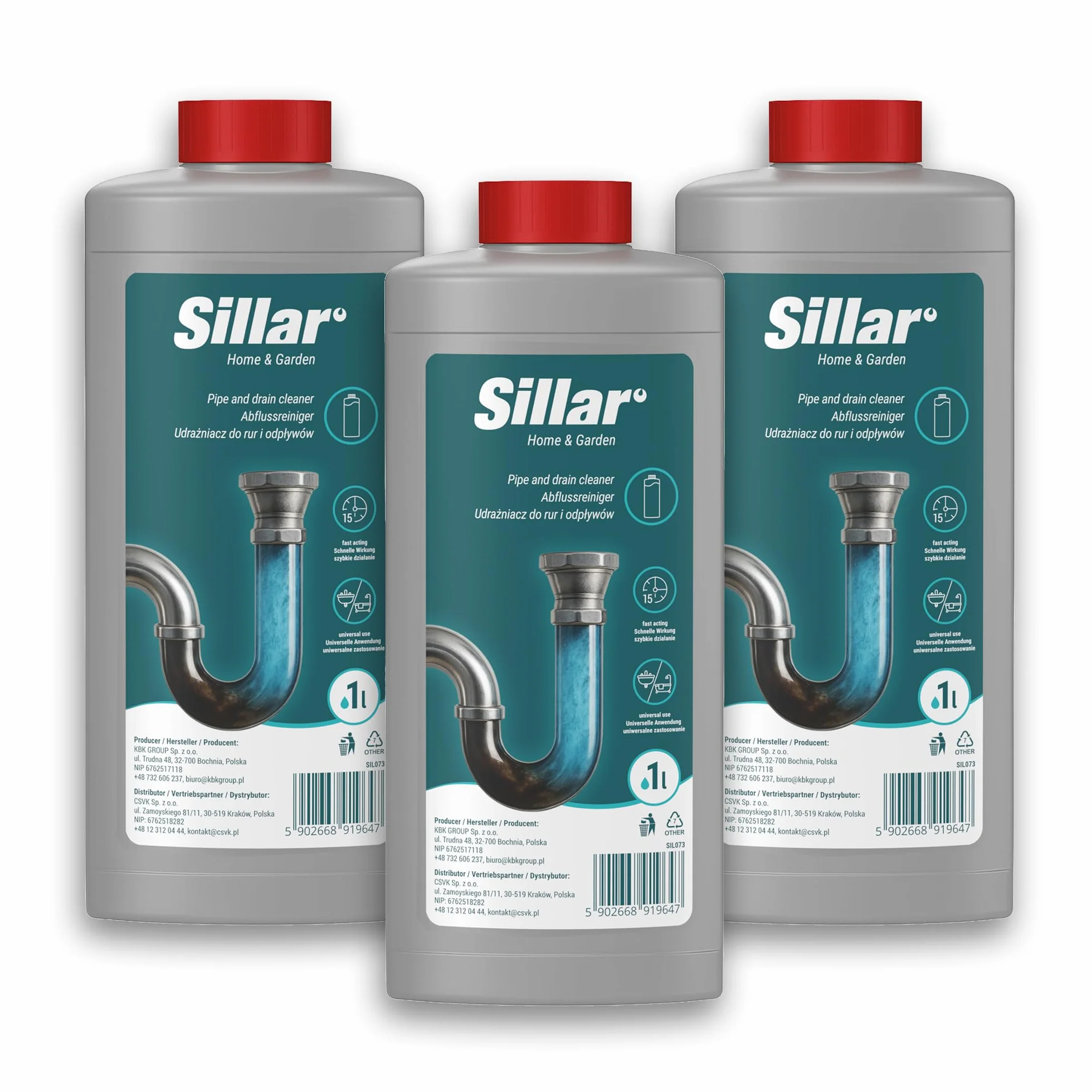 Sillar Żel do udrażniania rur 3x 1000ml EXTRA MOCNY, rozpuszcza włosy, tłuszcz i resztki – do kuchni, prysznica i WC, efekt piany