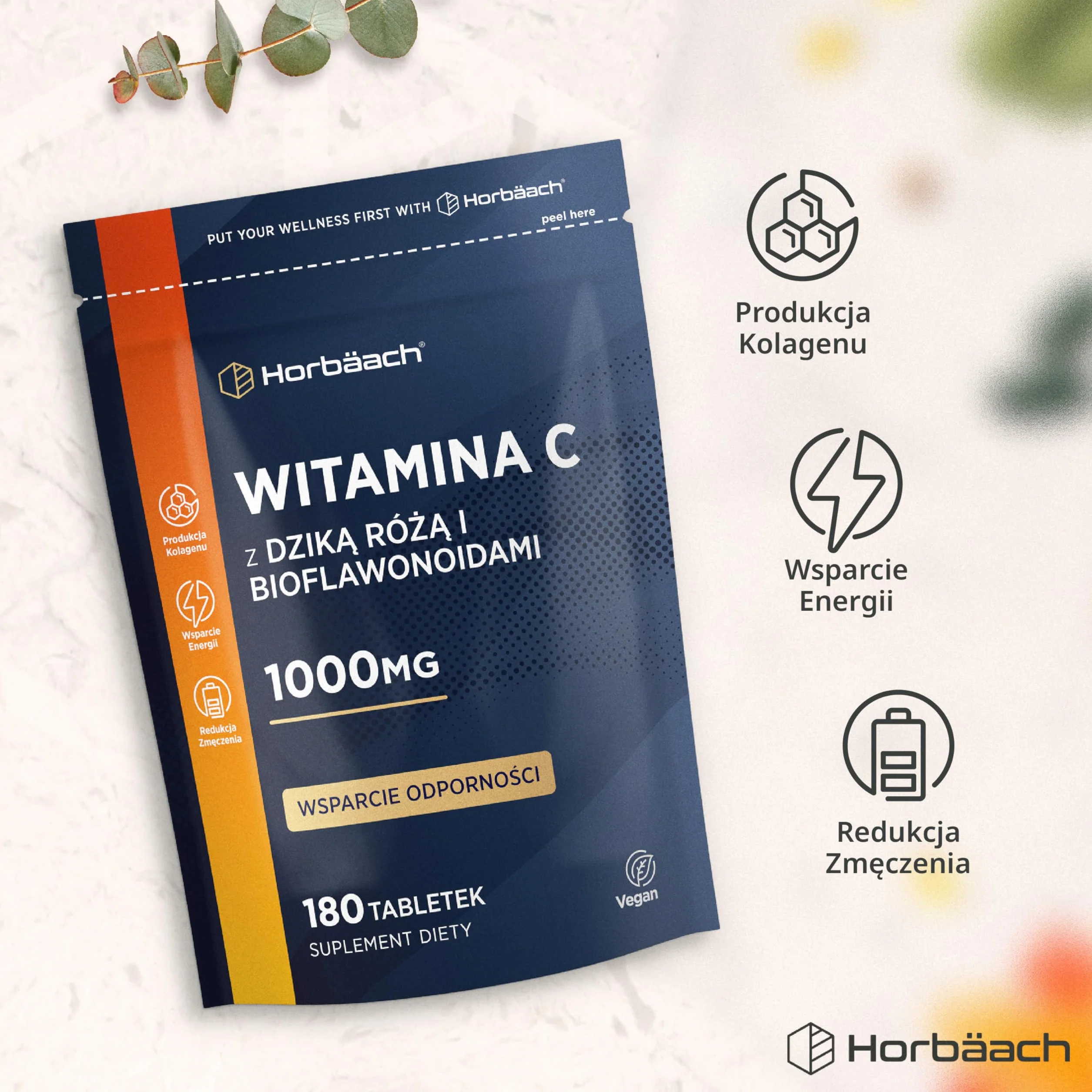 Witamina C 1000mg z Dziką Różą i Bioflawonoidami | Wysoka Dawka | 180 Tabletek - 6 Miesięcy Suplementacji | Suplement Wegański | marki Horbaach