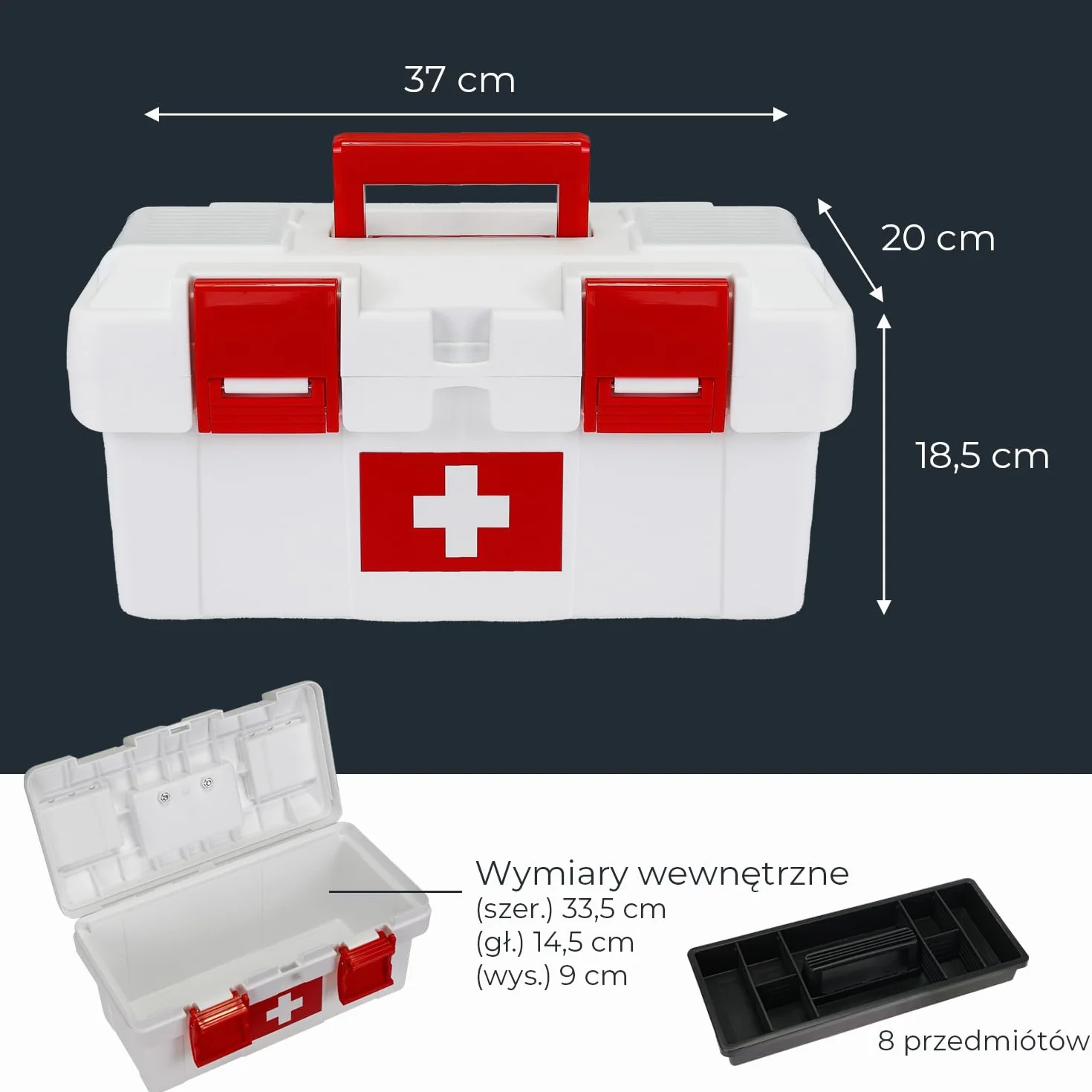 HMF Apteczka na leki i materiały medyczne, pusta skrzynka medyczna do domu, firmy i klubu sportowego, pudełko na lekarstwa | 37 x 20 x 18,5 cm | biało-czerwona