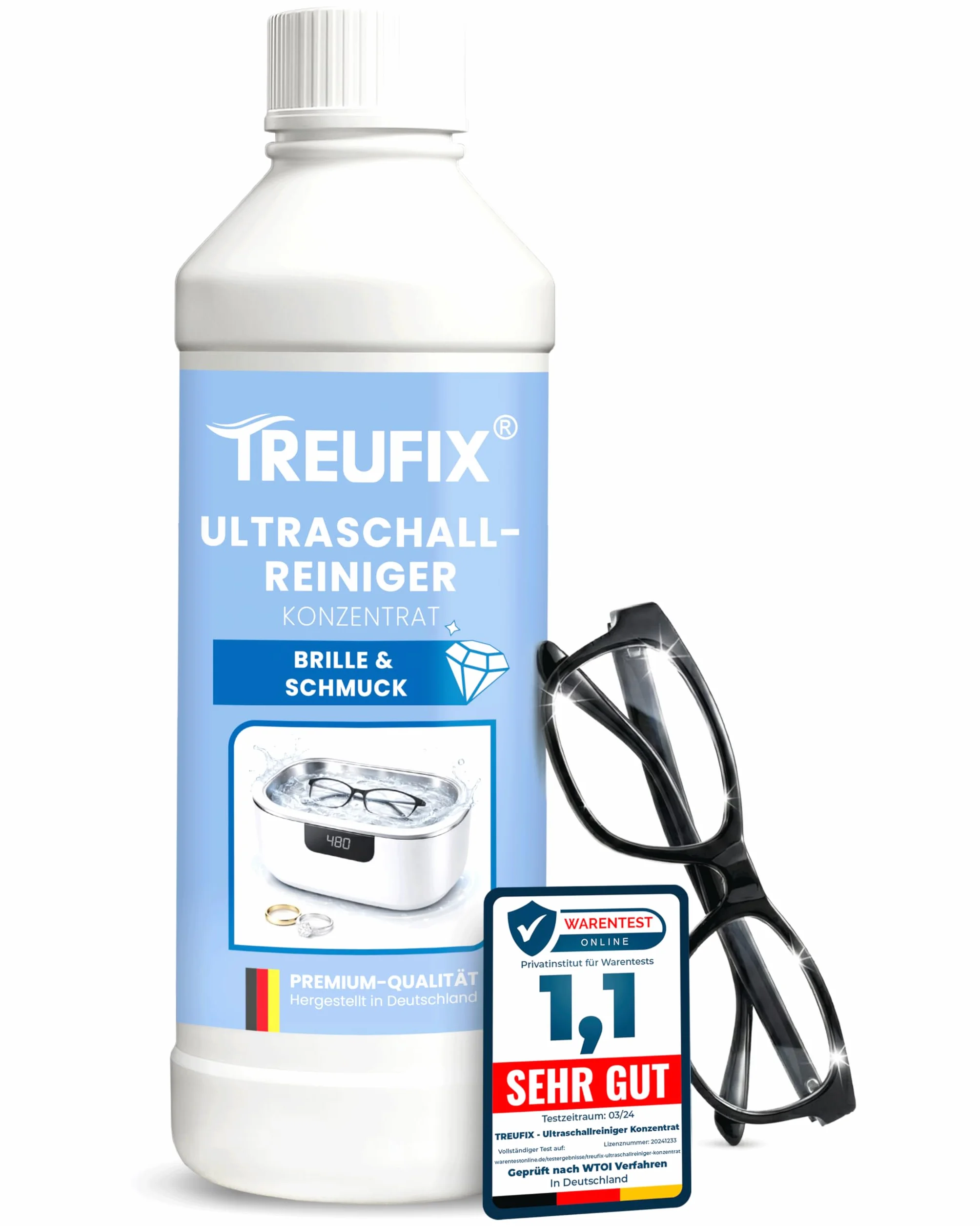 Treufix - Koncentrat do czyszczenia ultradźwięków zapewnia maksymalną czystość | Skuteczny środek do czyszczenia okularów i biżuterii do czyszczenia biżuterii, zegarków, monet itp. w kąpieli