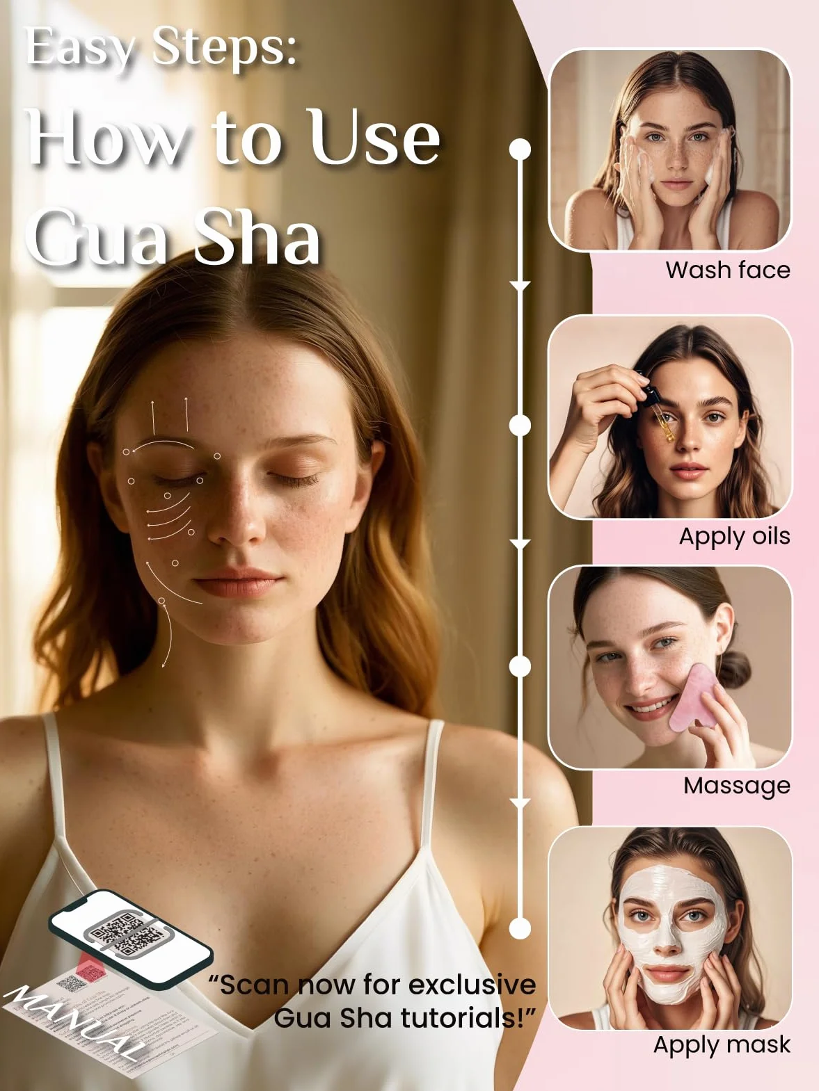 Rena Chris 100% Naturalny Różowy Kwarc Gua Sha Stone, Narzędzie do Twarzy GuaSha do Modelowania Linii Szczęki i Redukcji Obrzęków, Gua Sha Massage Tool do Codziennej Pielęgnacji Skóry (Różowy)