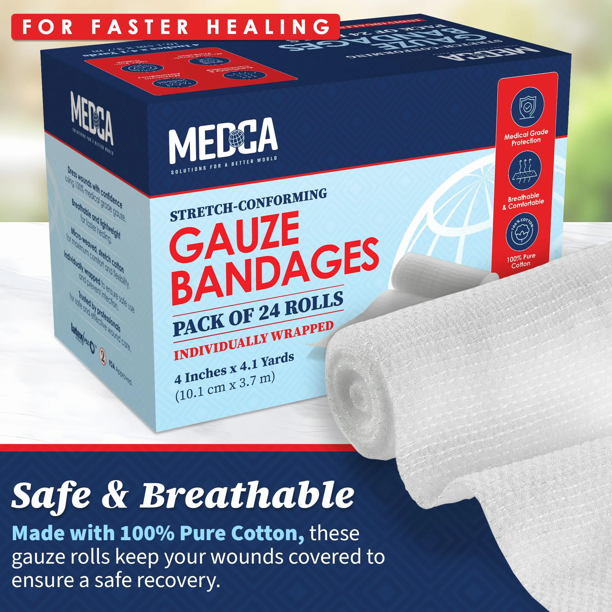 Bandaże z gazy w rolkach 4 cale x 4 jardy opakowanie 24 MEDca