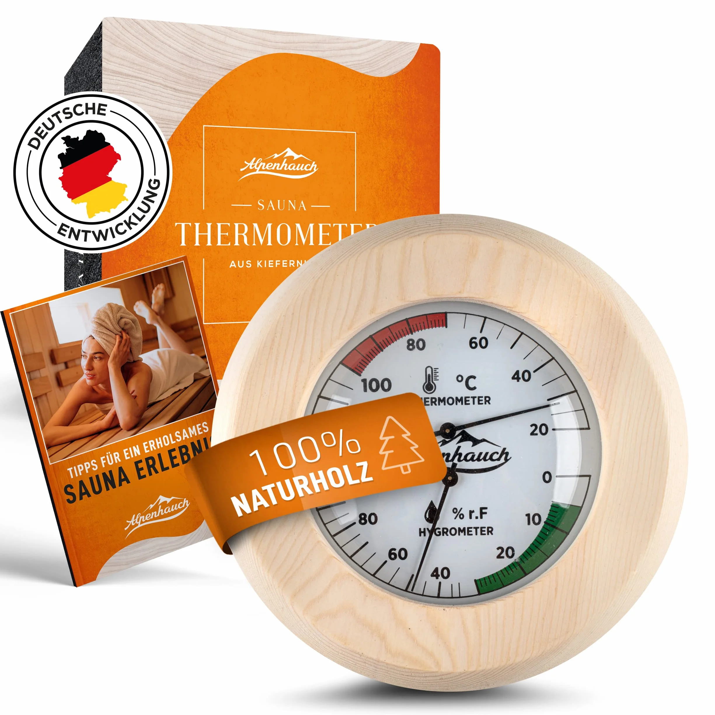 ALPENHAUCH Termometr do sauny, higrometr z drewna, funkcja 2 w 1, wyjątkowo precyzyjny termometr do sauny z hartowanego szkła, automatyczna kalibracja, eleganckie akcesoria do sauny, higrometr,