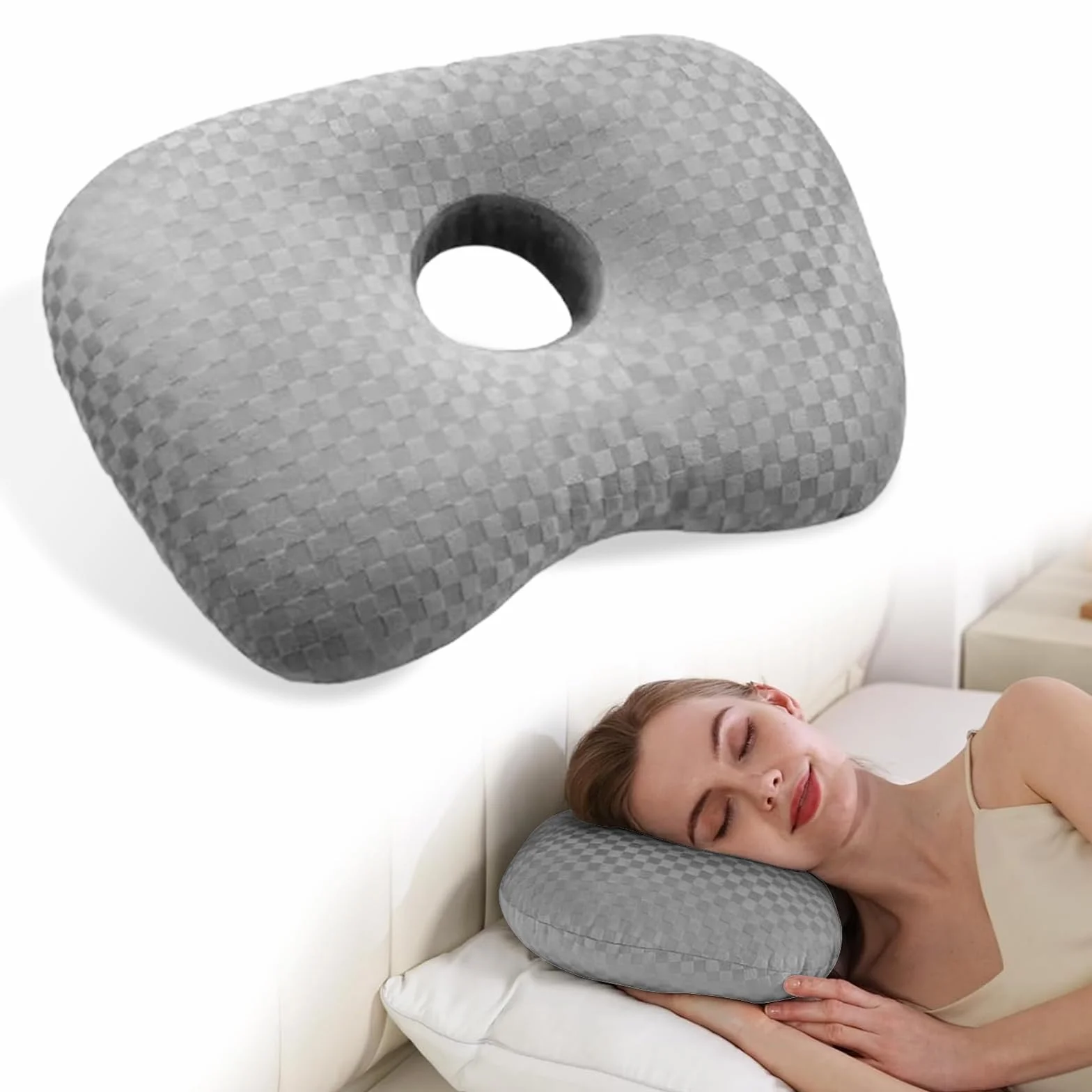 Poduszka Piercingowa z Otworem do Ucha, Ergonomiczna Poduszka, Regulowana Bawełna i Poliester, do Spania na Boku, Łagodzenie Bólu Ucha oraz Nacisku (Szary)