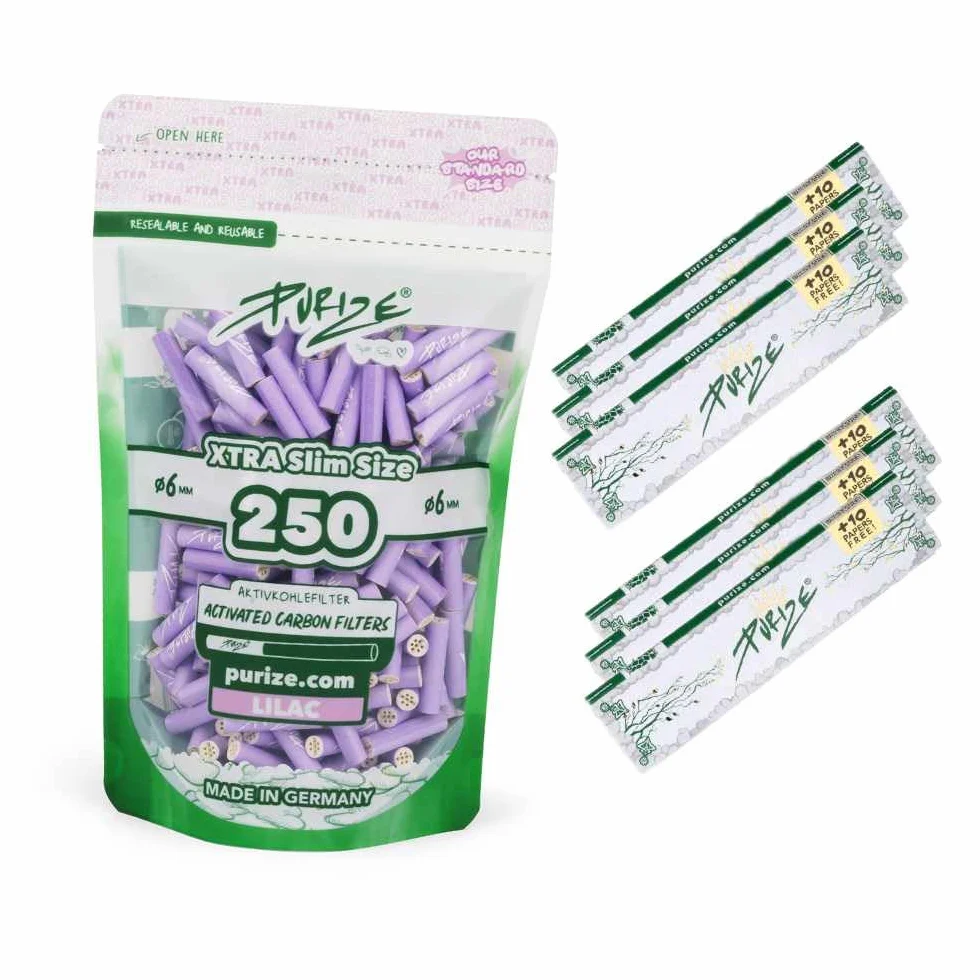 PURIZE Zestaw 250 sztuk filtrów z węglem aktywnym Xtra Slim Size 5,9 mm + 6 opakowań (252 karteczki) PURIZE Long Papers (liliowy)