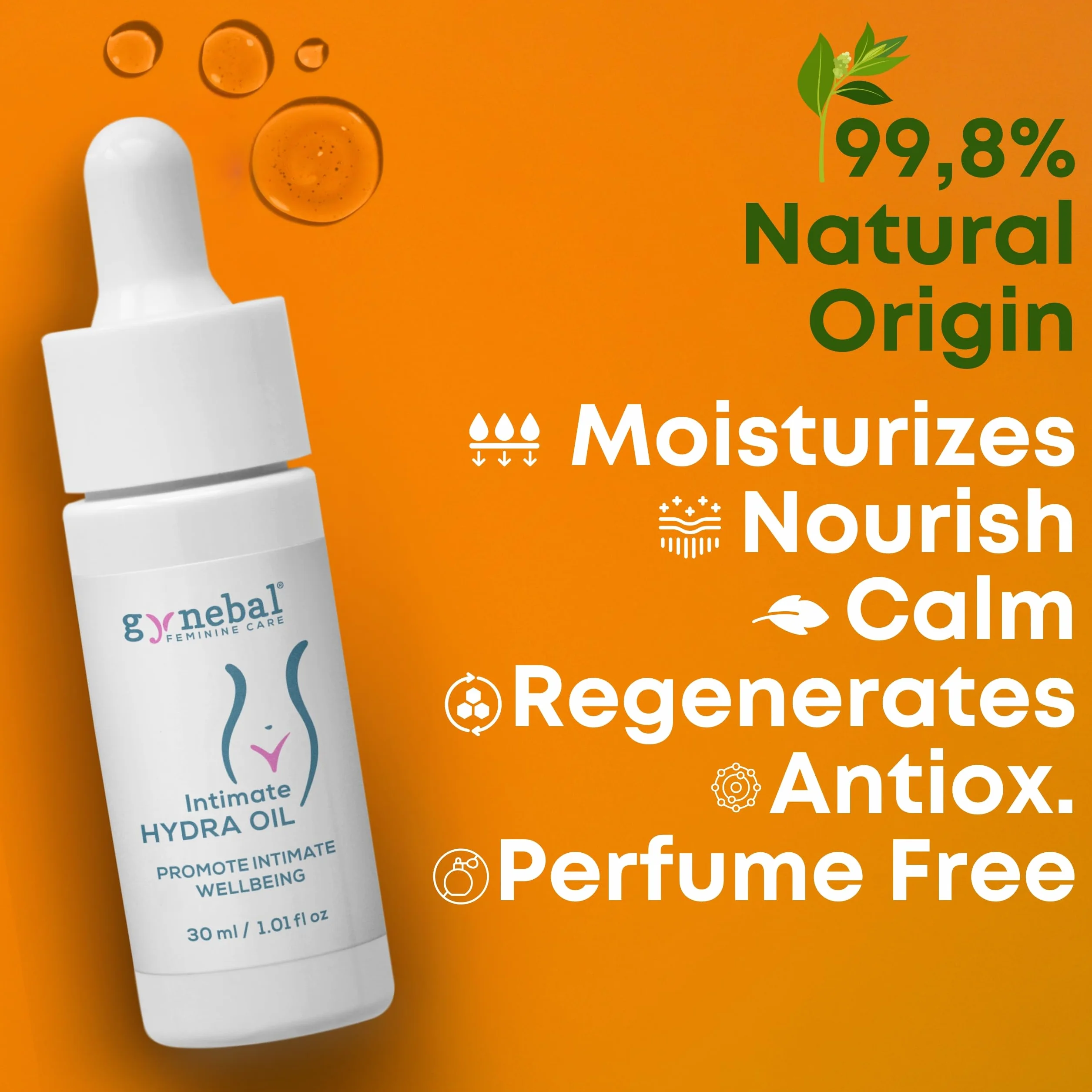 30 ml GYNEBAL Intimate Hydra Oil - Naturalny olej, który regeneruje i nawilża zewnętrzny obszar pochwy - 5 naturalnych olejków i witaminy E - suchość intymna i menopauza
