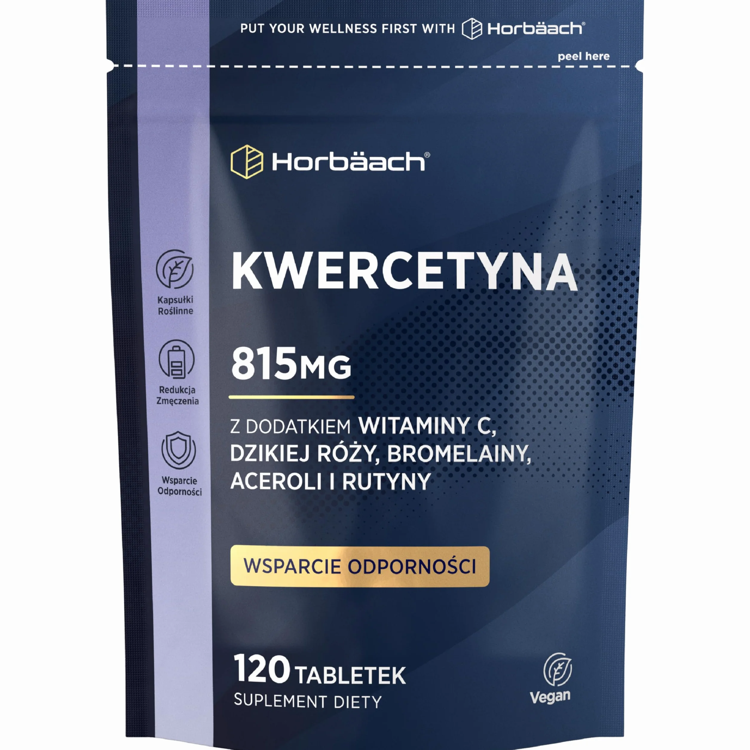 Kwercetyna z Bromelainą 819mg | Kwercetyna z Perełkowca Japońskiego z dodatkiem Bromelainy z Ananasa, Witaminy C, Dzikiej Róży, Aceroli, Rutyny | 120 Tabletek Wegańskich | marki Horbaach