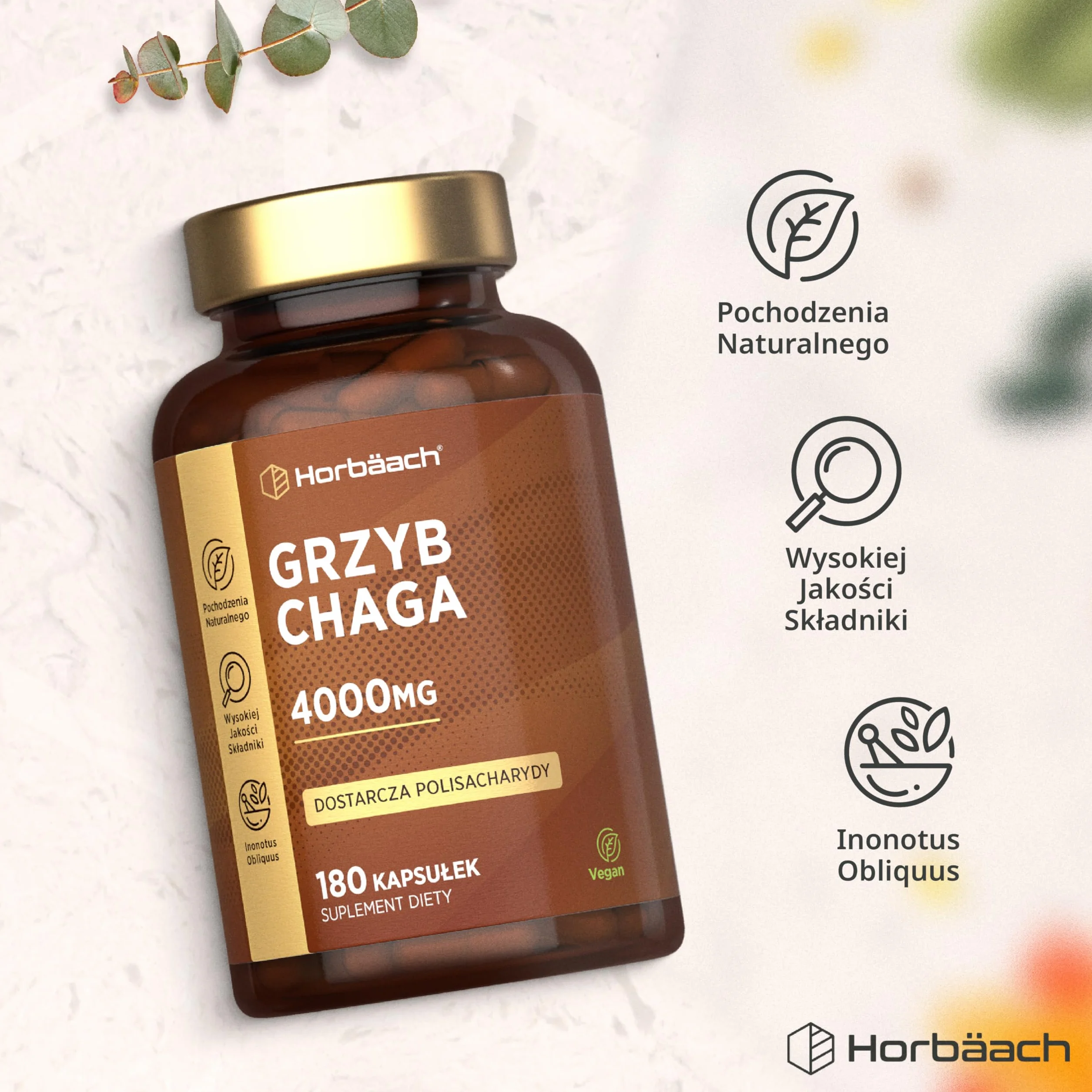 Chaga Grzyb Kapsułki 4000mg | Błyskoporek Podkorowy lub Chaga (Inonotus obliquus) | Naturalnego Pochodzenia | 90 Wegańskich Kapsułek | marki Horbaach