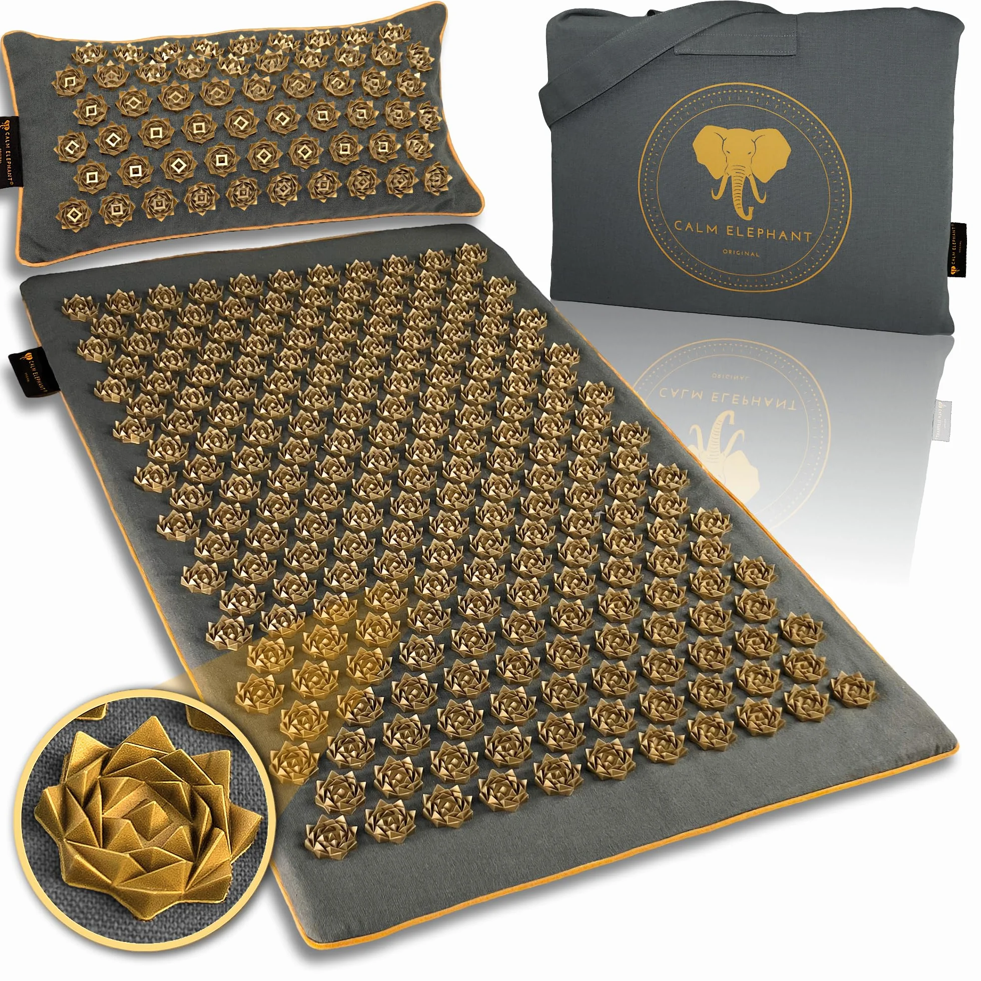CALM ELEPHANT ORIGINAL® Luksusowa Mata Do Akupresury Z Poduszką XL PURE ECO, Mata Kolcowa Na Plecy, Poduszka Z Funkcją Ciepła I Torba, Naturalna I Trwała – Szara