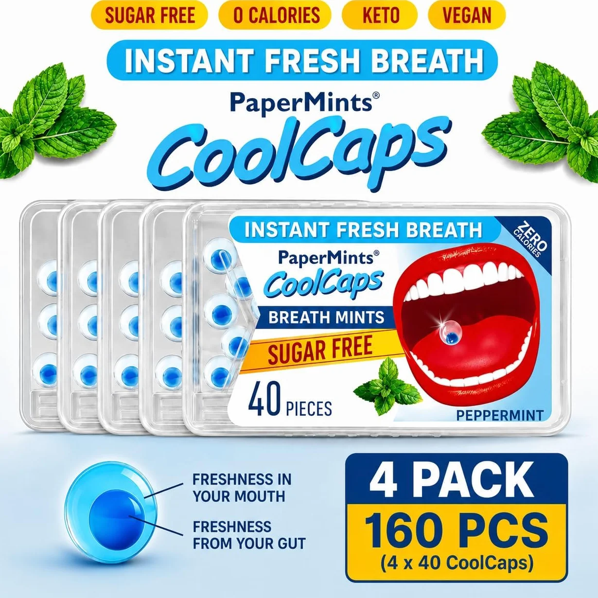 Papermints CoolCaps Natychmiastowa świeża mięta pieprzowa pudełko na oddech, opakowanie 40 x 4 szt., odświeżacz powietrza i zabieg na nieświeży oddech dla dorosłych, leczenie cuchnący oddech,