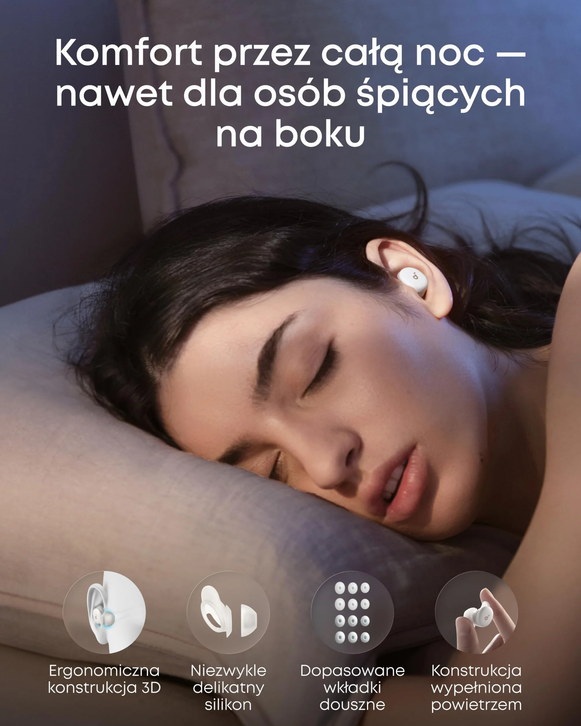Słuchawki do spania soundcore Sleep A30 (wersja specjalna) Anker, pasywna i aktywna redukcja hałasu, maskowanie chrapania, dźwięki do zasypiania, komfort dla śpiących na boku, 10 godzin odtwarzania