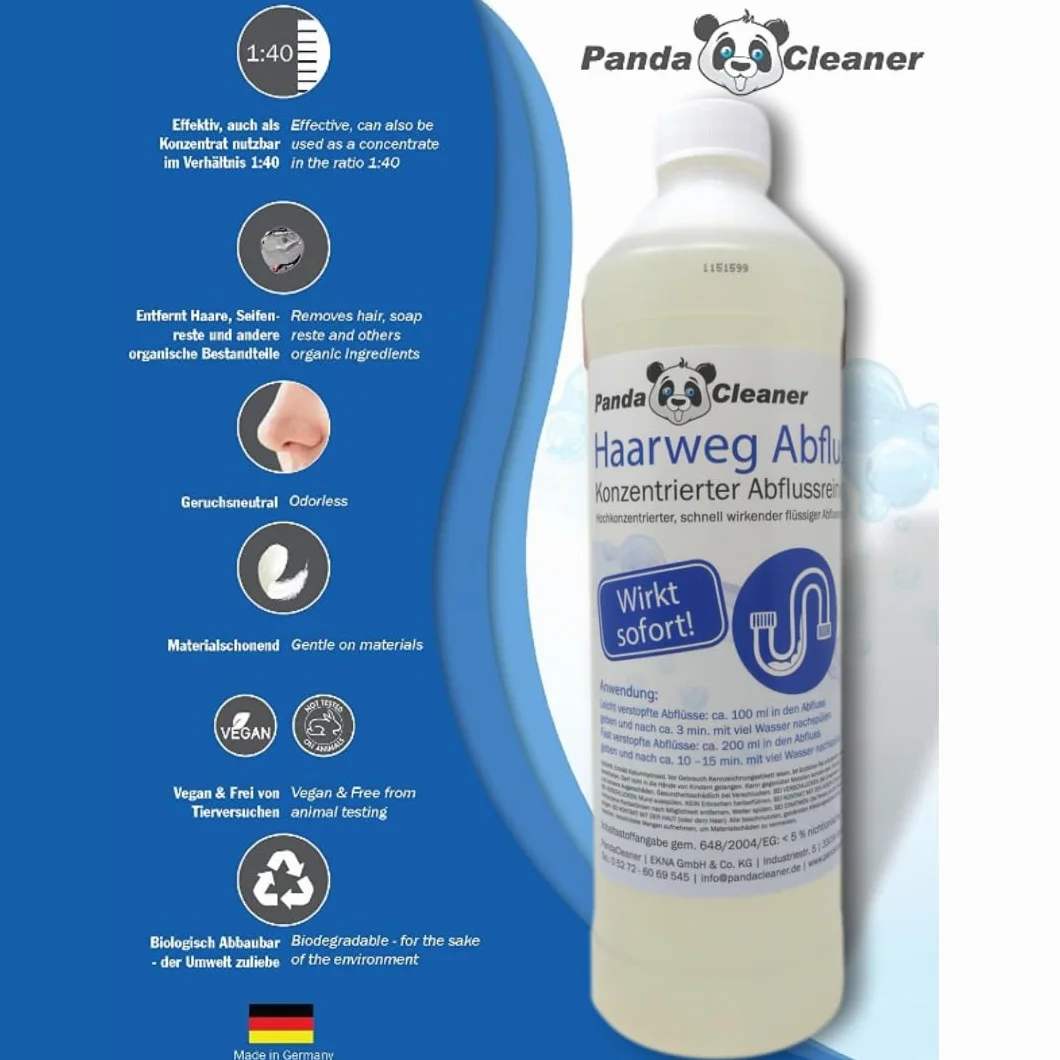 PANDACLEANER Hair-Away Drain Cleaner - Usuwa najbardziej uporczywe zatykanie - Silnie skoncentrowany środek do czyszczenia odpływów - Bez odpływu (1000ml)